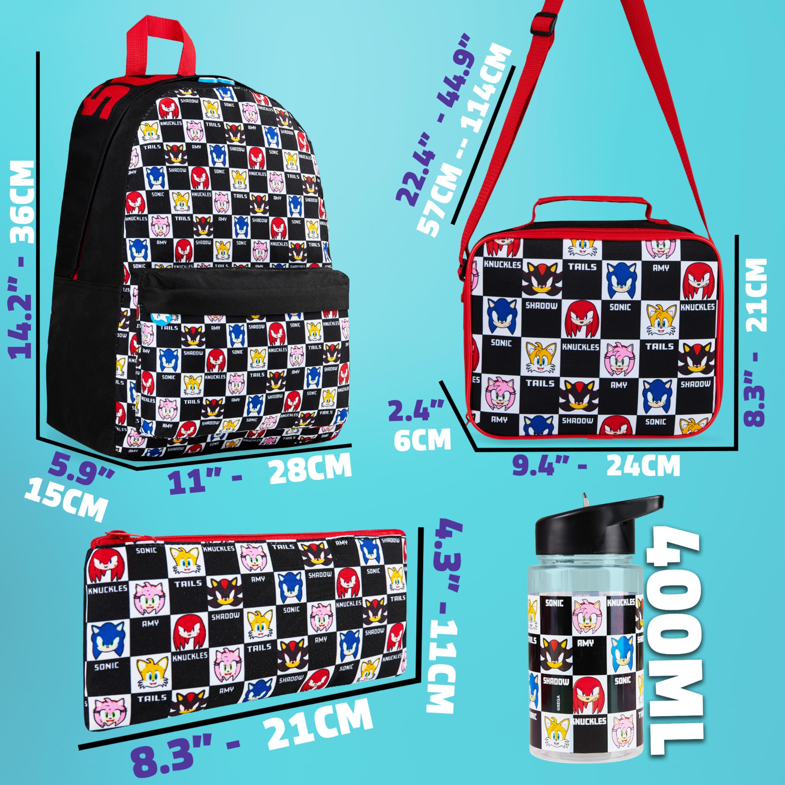SONIC THE HEDGEHOG Sac à Dos Enfant Ensemble 4 Pièces avec Gourde Enfant 400ml Trousse et Sac Repas Isotherme École Shadow