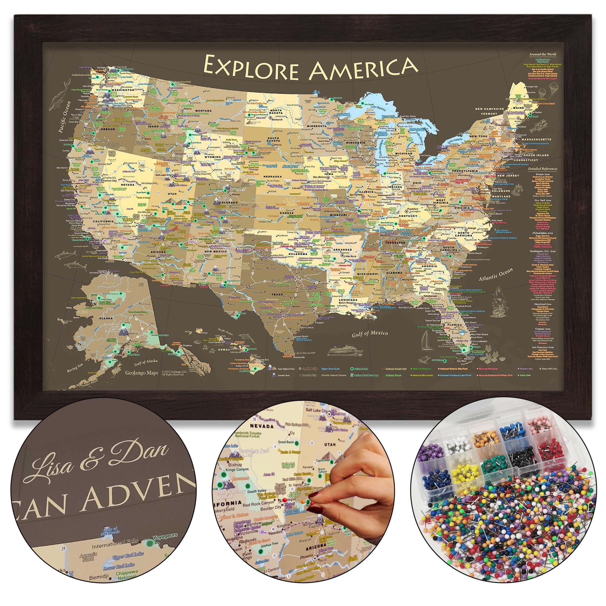 Personalized National Park Map with Pins - USA National Parks, Landmarks, Highest Peak by State - Brown Edition Push Pin Travel Map - Framed Map or Stretched Canvas - includes 500 Pins
