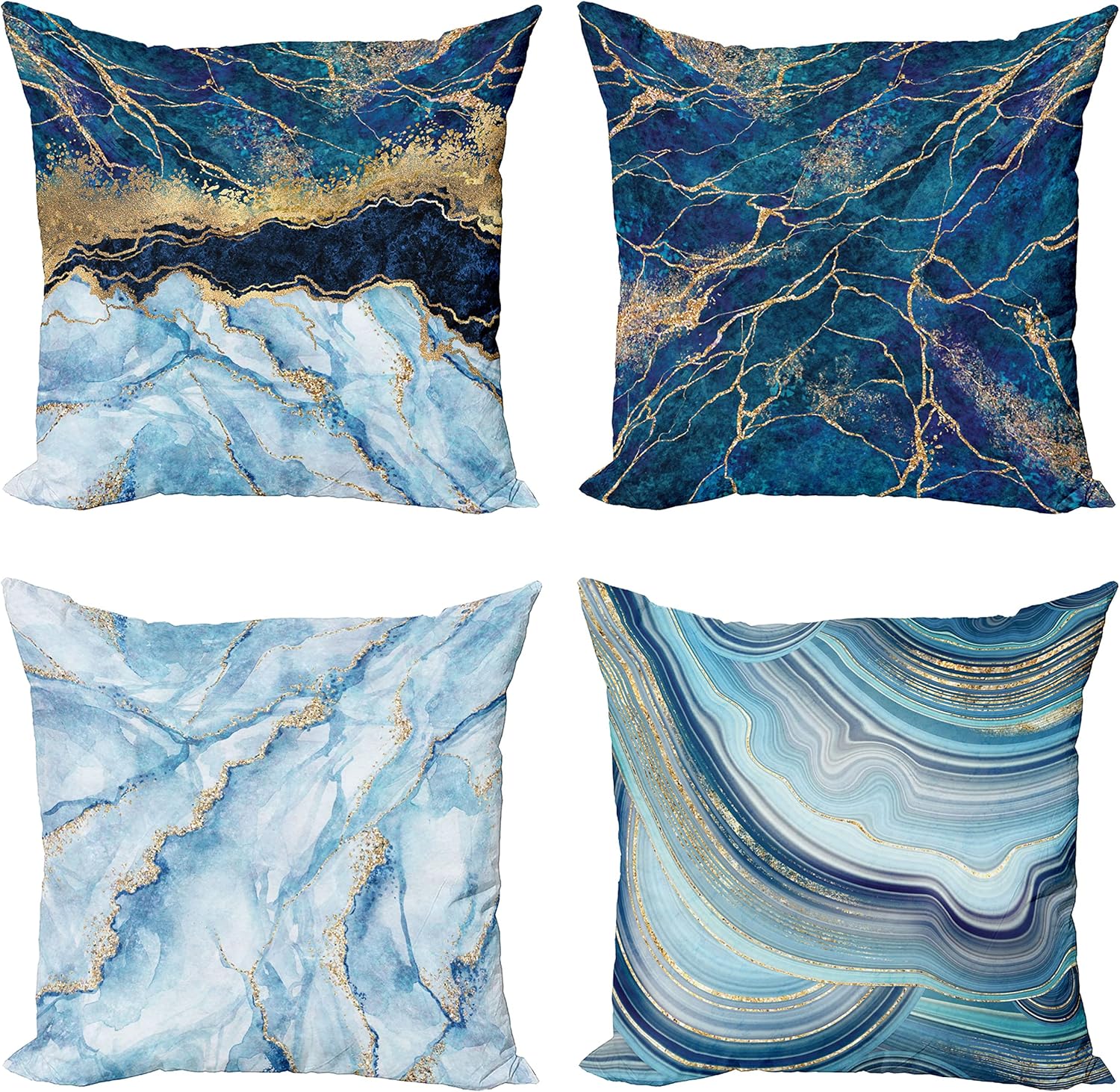 Ambesonne Marble Print Throw Pillow Cushion Case Pack of 4, Modern Themed Pastel Stone Stain Look Veins Marbling Aquatic Tones, Modern Accent Double-Sided Digital Printing, 18", Pale Blue Indigo