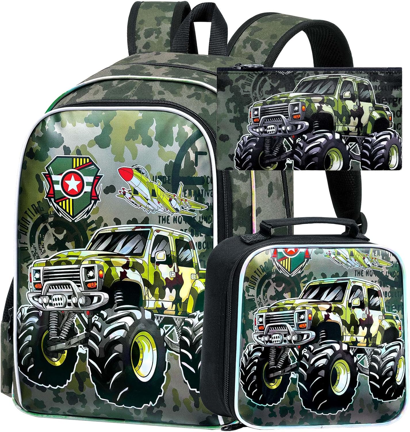 KLFVB 3PCS Bookbag for Boys, Water Resistant Backpack for Boys with Lunch Box, 16" Preschool Backpacks for Elementary - Camo Truck