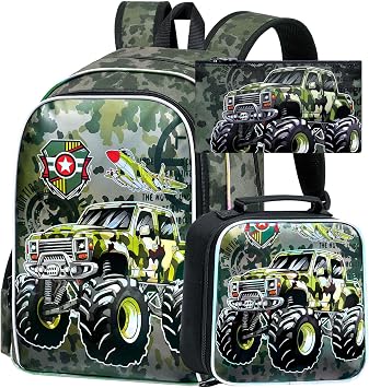 KLFVB 3PCS Bookbag for Boys, Water Resistant Backpack for Boys with Lunch Box, 16" Preschool Backpacks for Elementary - Camo Truck