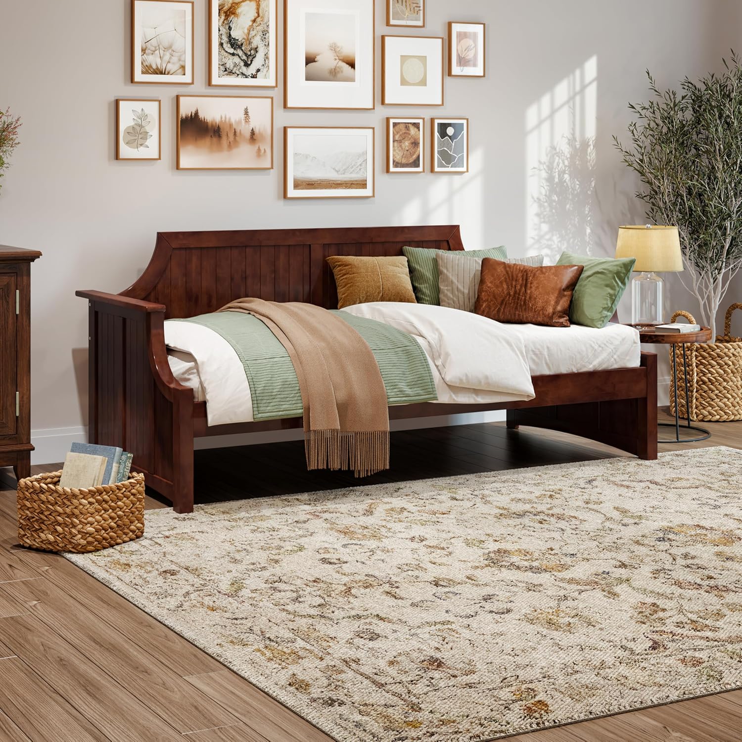 AFI Cambridge Twin Solid Wood Daybed in Walnut - Curved Backboard, Versatile Sofa Bed for Bedroom or Guest Room