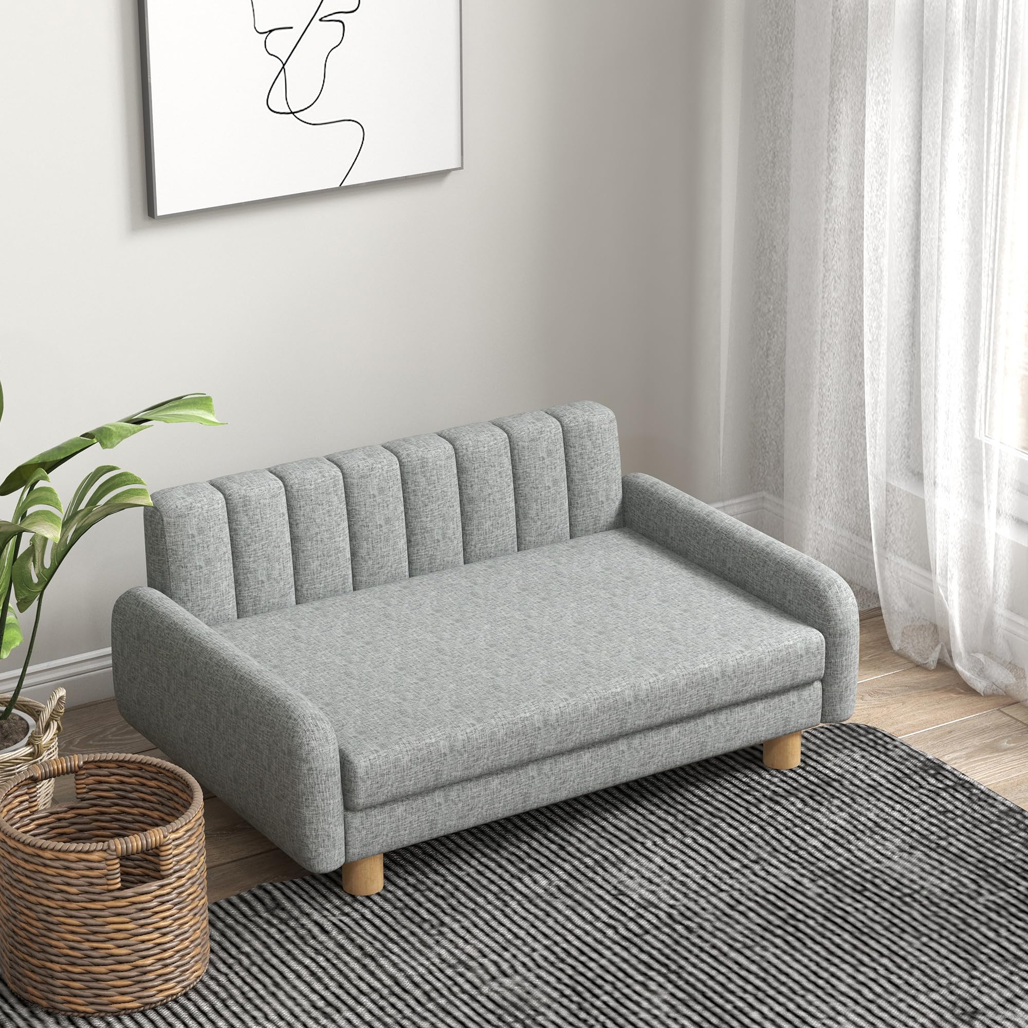 PawHut Hundesofa Haustiersofa Hundecouch Hundebett mit weichem Kissen, Erhöhter Hundesessel für mittelgroße Hunde, Leinenimitat, Grau, 94 x 61 x 40 cm
