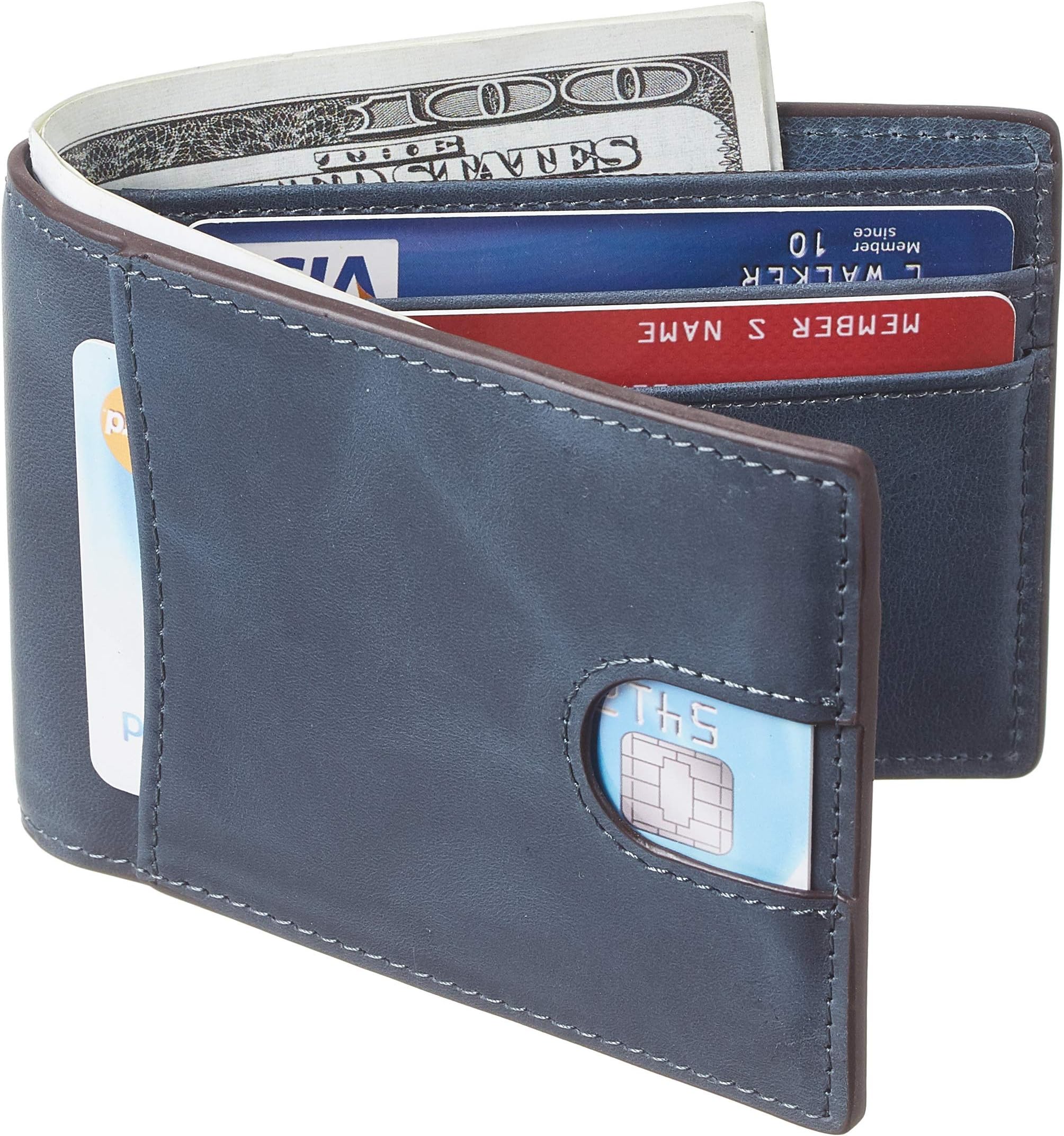 Casmonal Mens Leather Wallet Slim Front Pocket Wallet Billfold RFID Blocking(Vintage Blue Navy Premium)