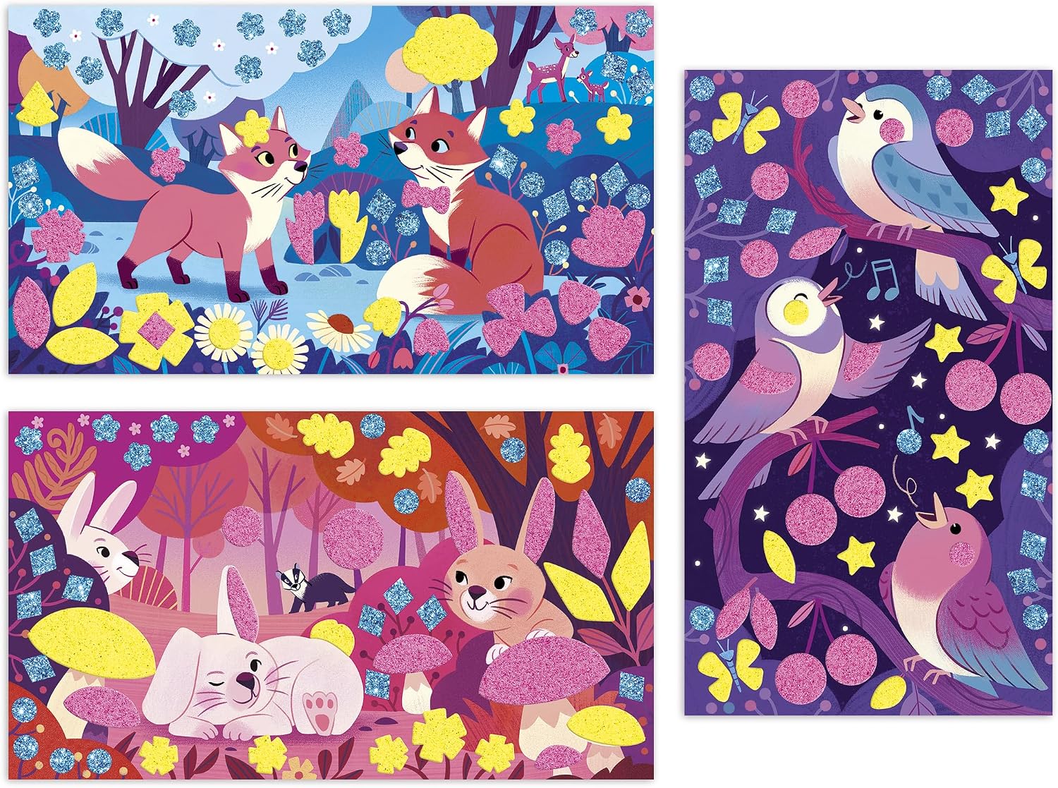 Janod - Foam and Fluorescent Sand Stickers - 3 Boards - Forest Animals Theme - Les Ateliers Du Calme - Children's Creative Leisure Kit - Concentration and Creativity - from 6 Years - J09166