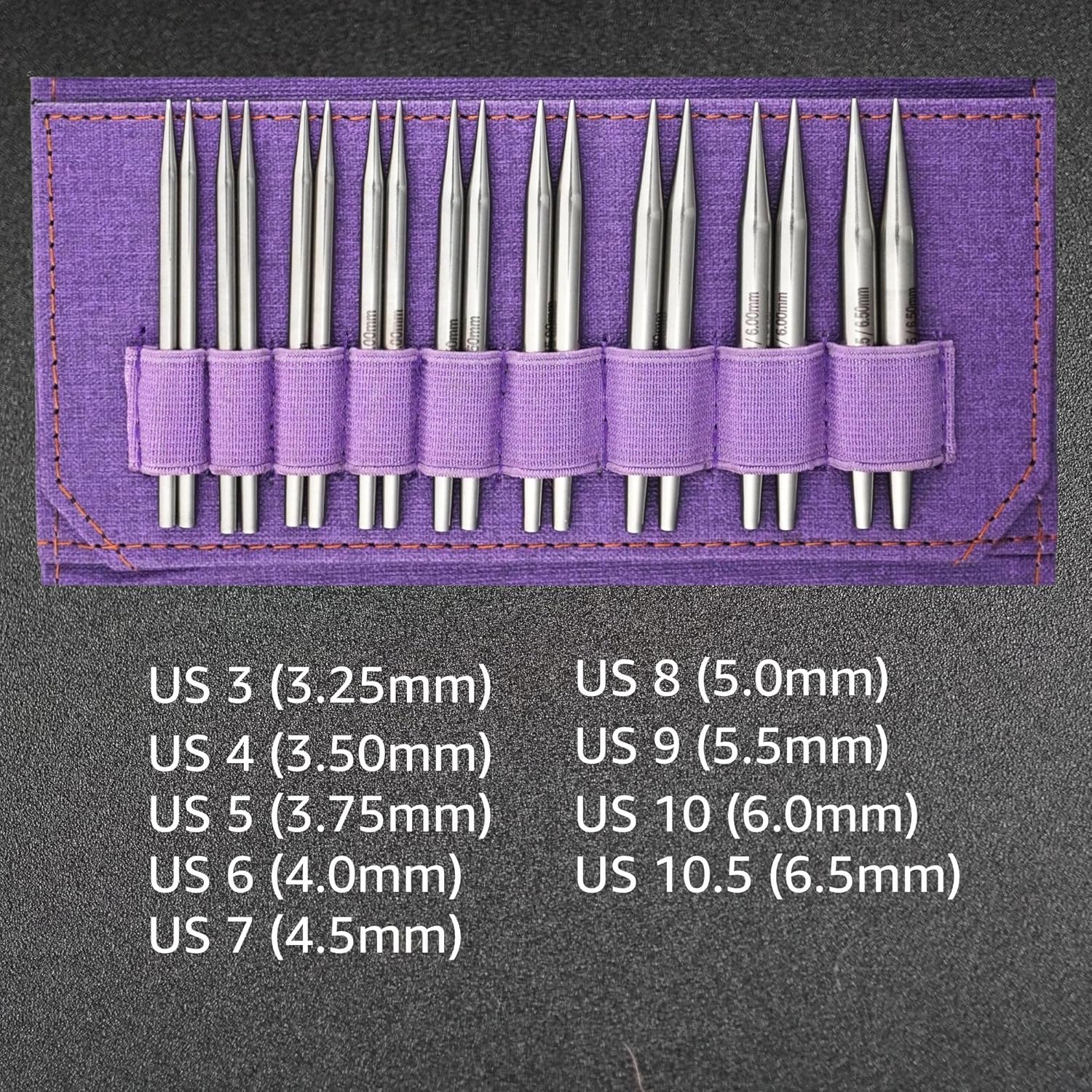 Lykke Flight 3.5 in. Standard Set US Sizes 3, 4, 5, 6, 7, 8, 9, 10, 10.5 Interchangeable Circ. Knitting Needles for Sport, DK, Worsted Yarn, Stainless Steel, 4 Swivel Cords, Purple Case, Project Bag