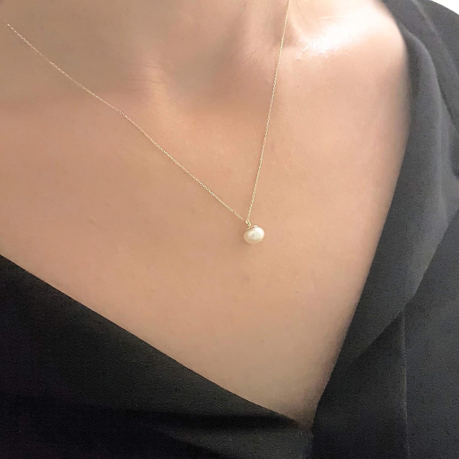 Pearl Pendant Necklace for Women 14K Real Solid Yellow Gold Charm Elegant Single 6mm