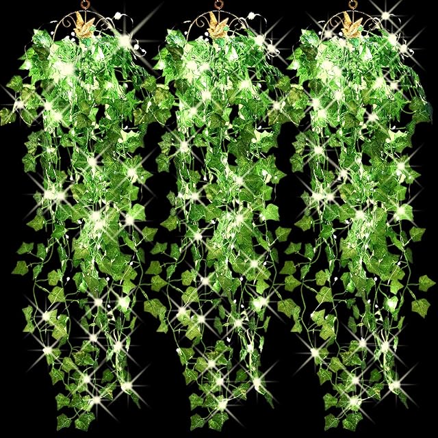 3 Strands Artificial Hanging Plants 3.6 ft Fake Ivy Vine Fake Ivy Leaves with 3 Pieces 30 LED Fairy Lights for Wall Home Room Garden Wedding Garland Outside Decoration