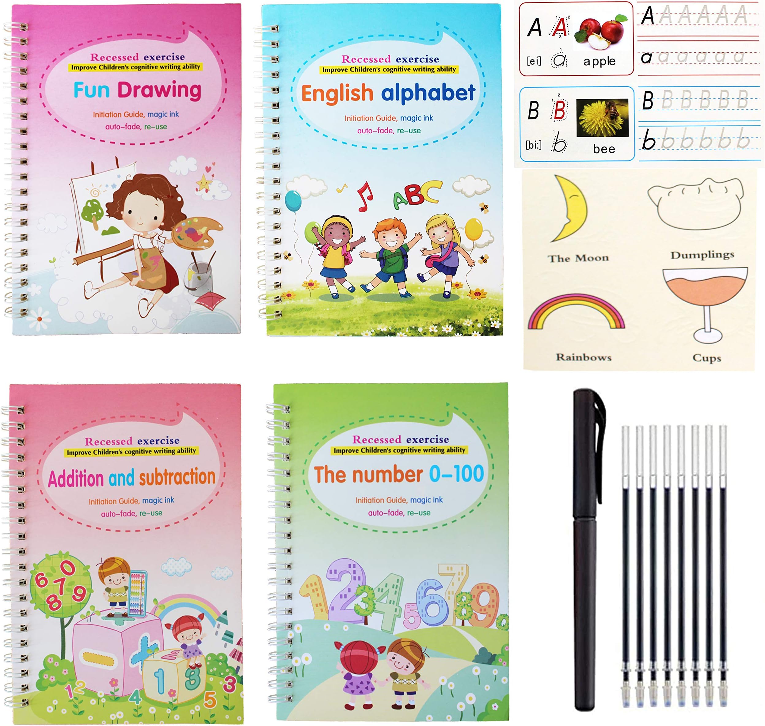 Magic Handwriting Practice Copybook Tablets Board, 4 Pcs Reusable Magic Writing Paste Workbook Sheets, Reused All English Copybook Set Calligraphy Tracing Book for with a Pen and 5 Refills