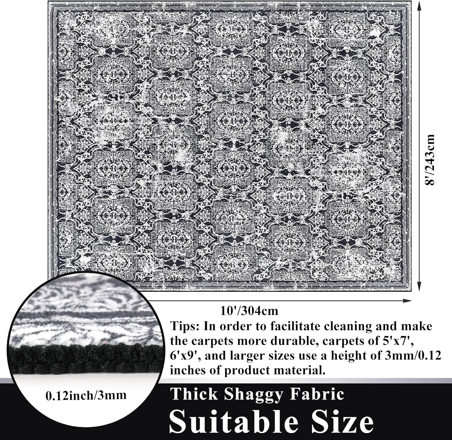 Vaukki Living Room Rug, Vintage Shaggy Soft Laundry Rug, Non Slip Kitchen Area Mat, Washable Farmhouse Bedroom Area Carpet for Bathroom, Kitchen and Kidsroom (8'x10', Black)