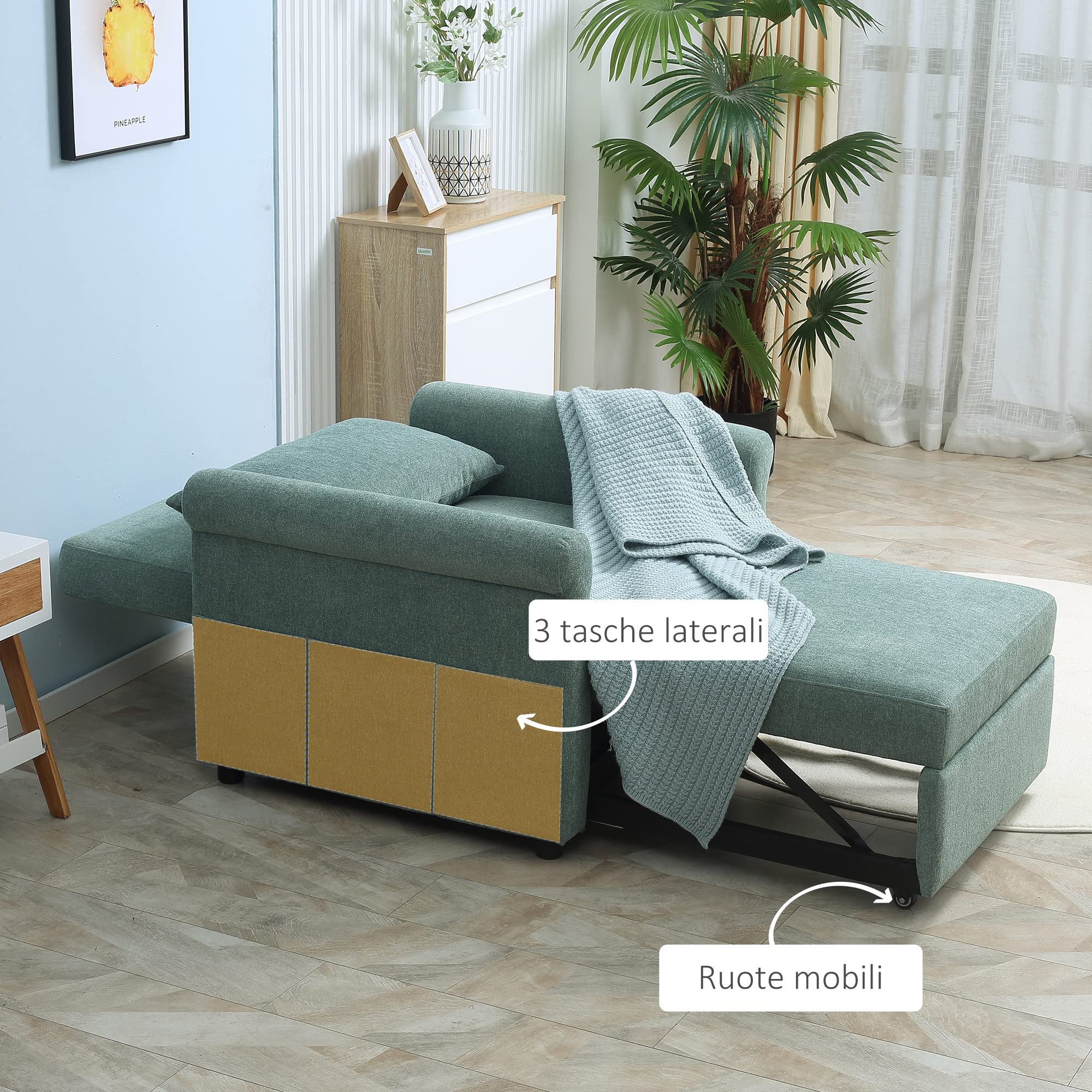HOMCOM Poltrona Letto Singolo con Schienale Regolabile in 4 Posizioni, Tessuto Traspirante Effetto Lino e Seduta Imbottita, 96x84.5x87.5 cm, Verde