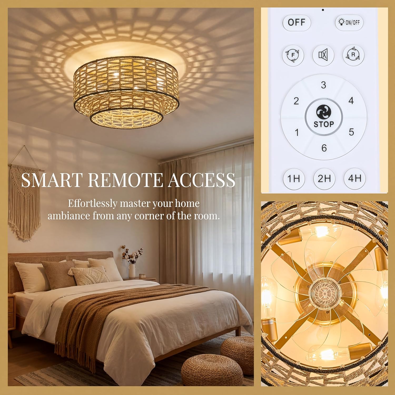 20" Boho Ceiling Fan Light with Remote Control, Double Layer Hand Woven Toast-Colored Rattan with Black Trim Flush Mount Fan Light with Lights for Bedroom, Living Room, Kitchen
