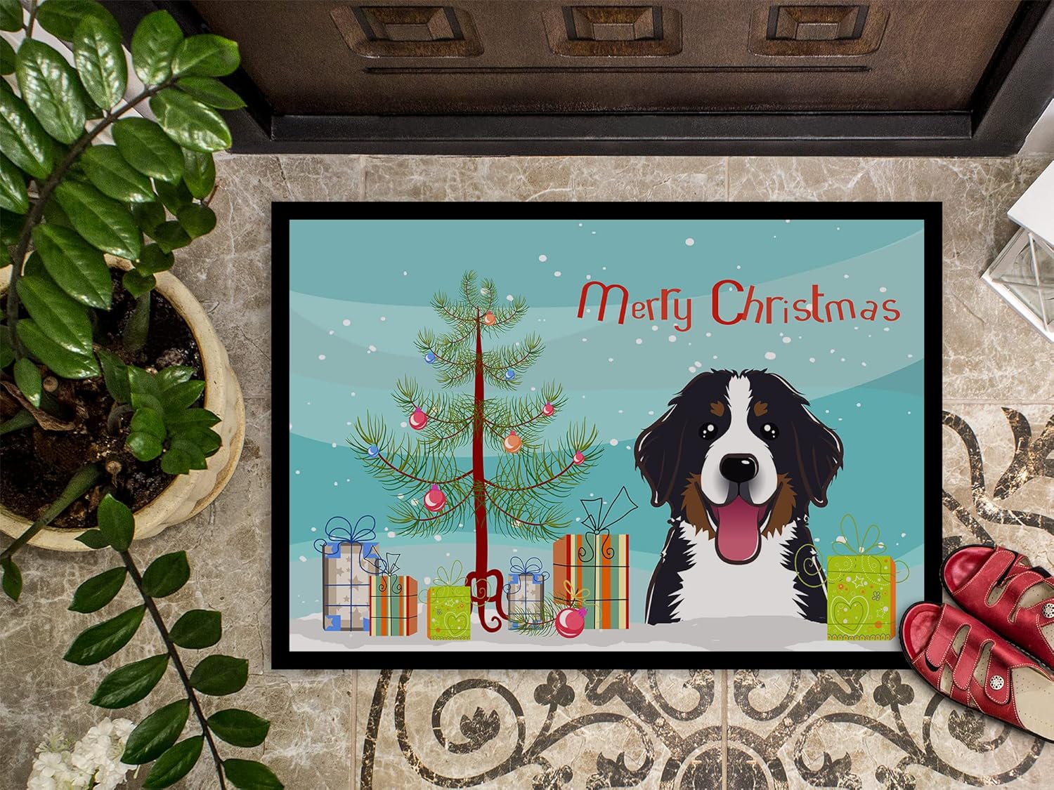Caroline's Treasures BB1609MAT Christmas Tree and Bernese Mountain Dog Doormat 18x27 Front Door Mat Indoor Outdoor Rugs for Entryway, Non Slip Washable Low Pile, 18H X 27W