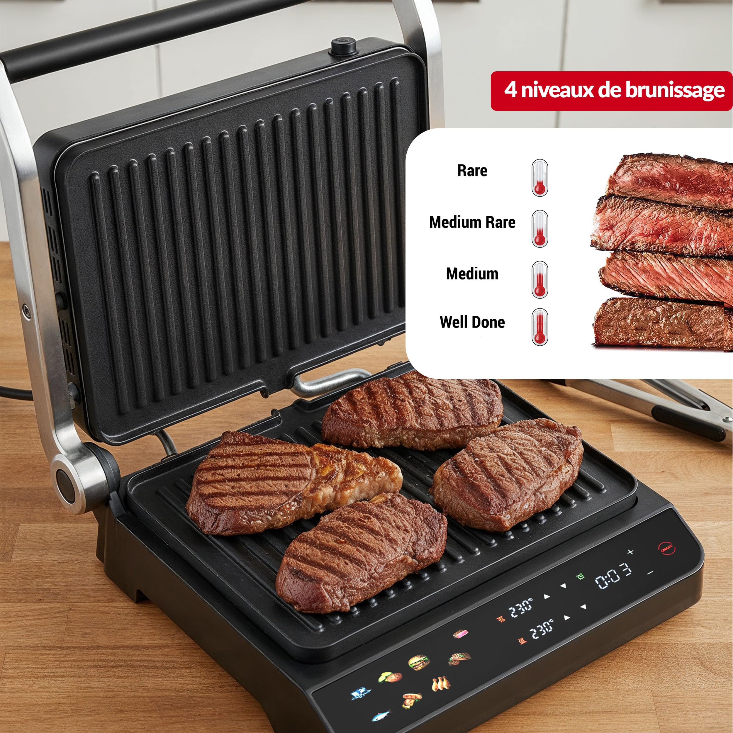 LEHMANN Grill électrique multifonction 2-en-1 pour Viande et Panini, 2000 W, Ouverture à 180°, Plaques Antiadhésives Amovibles, 10 programmes, Réglage Température 90-230 °C, Timer 1-240 min