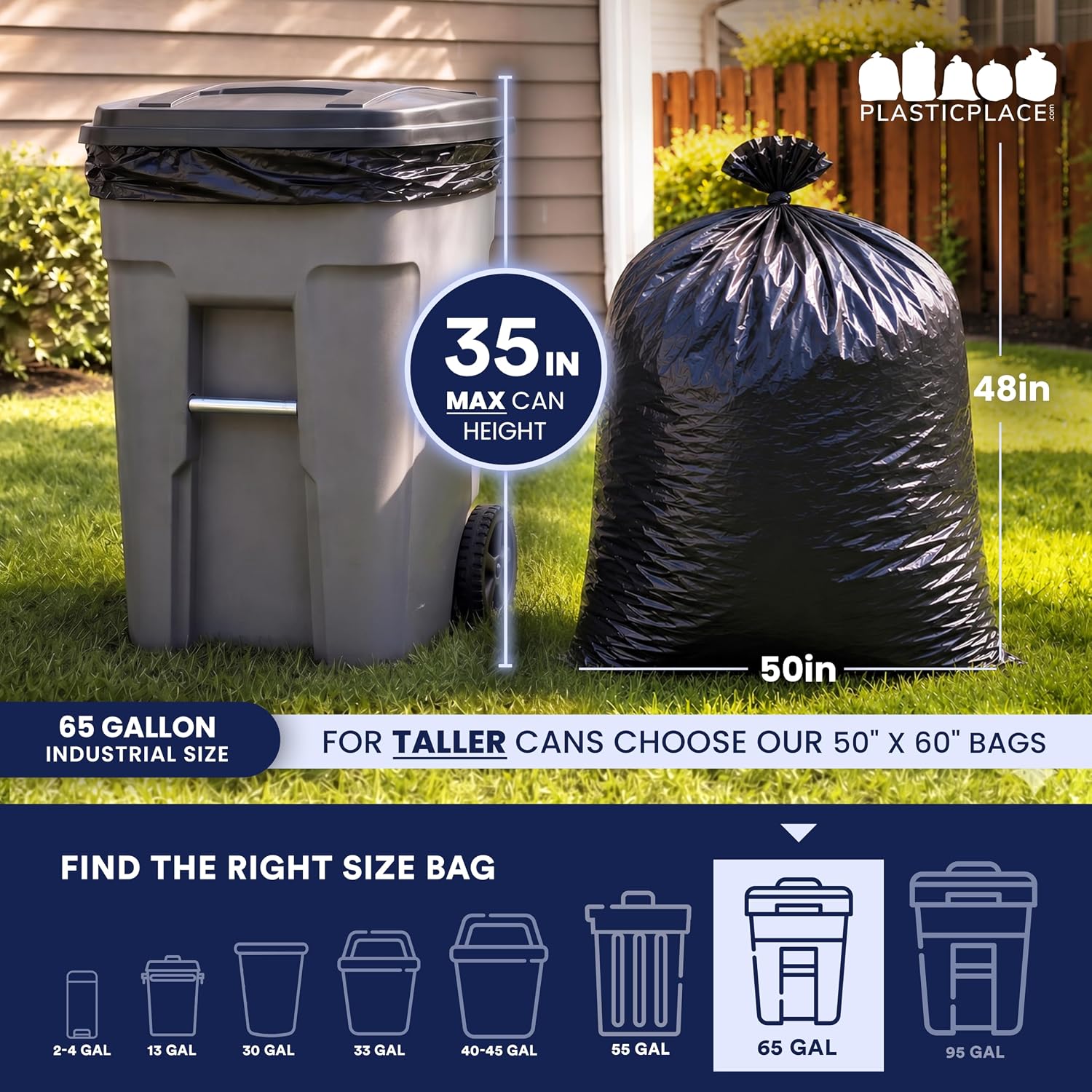 Plasticplace 65 Gallon Trash Bags │ 2.7 Mil │ Black Heavy Duty Garbage Can Liners │ 50” x 48” (25 Count) (W65LDB225A) image 4