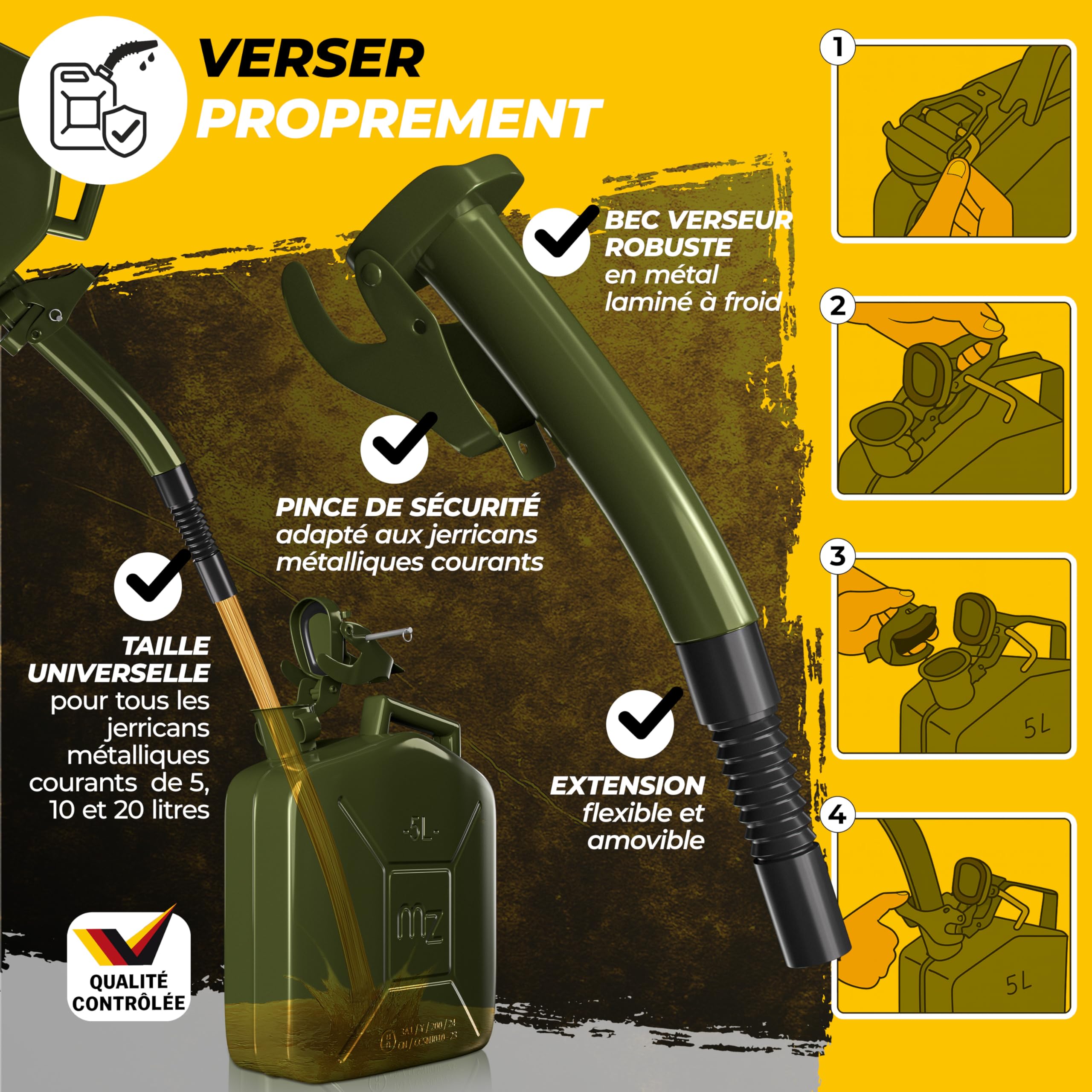 Jerrican en métal 5L Bidon avec bec verseur 24x12x35 cm Liquide carburants