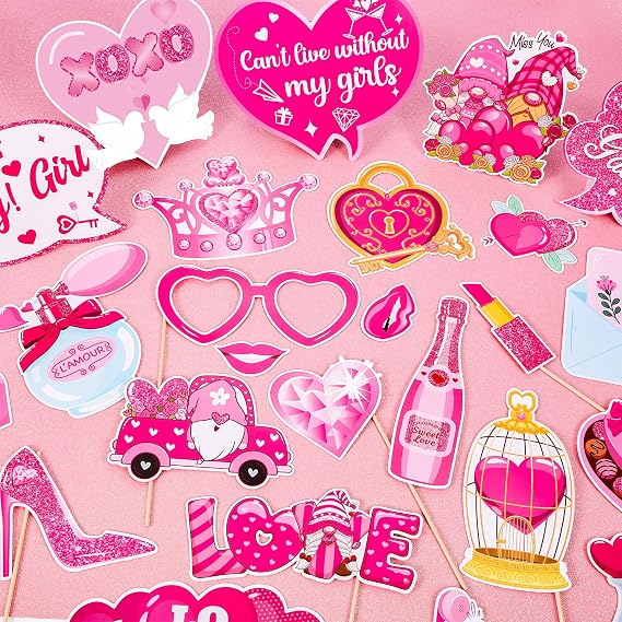 HOWAF Glitter Galentiness Day Photo Booth Props Kit, 1 Happy Galentines Day Photo Booth Frame with 30pcs Galentines Day Selfie Props Kit, Girls Valentines Day Party Decorations Photo Props