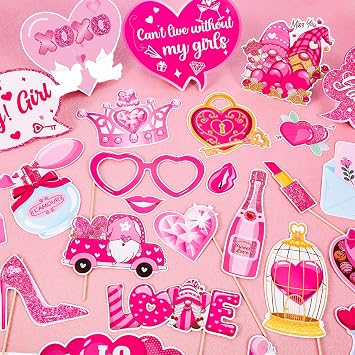 HOWAF Glitter Galentiness Day Photo Booth Props Kit, 1 Happy Galentines Day Photo Booth Frame with 30pcs Galentines Day Selfie Props Kit, Girls Valentines Day Party Decorations Photo Props