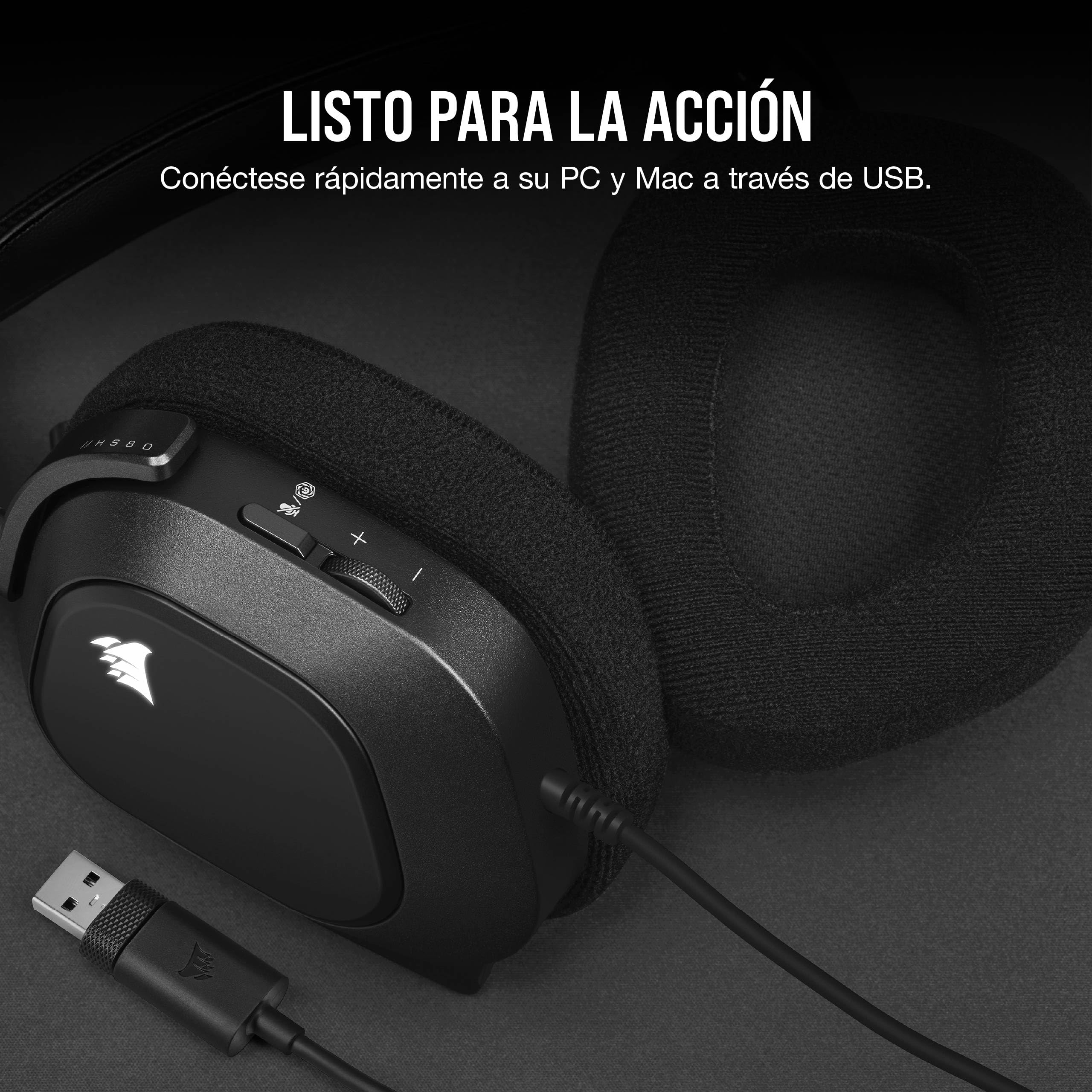 Corsair HS80 RGB Auriculares con Micrófono para Juegos USB - Negro | Sonido Envolvente Dolby 7.1, Micrófono Omnidireccional, Compatible con iCUE, PC