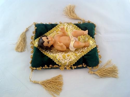 Estatua de 6 pulgadas del bebé Jesucristo en tela verde Nino Niño Dios Navidad