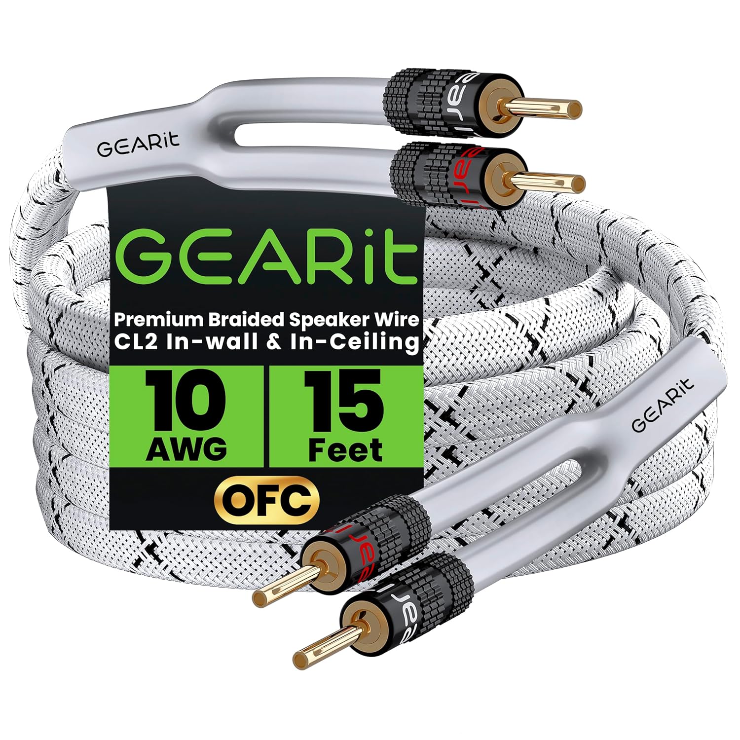 GEARit 10AWG Speaker Cable Wire with Gold-Plated Banana Tip Plugs (15 Feet) in-Wall CL2 Rated, Heavy Duty Braided, 99.9% Oxygen-Free Copper (OFC) - White, 15ft