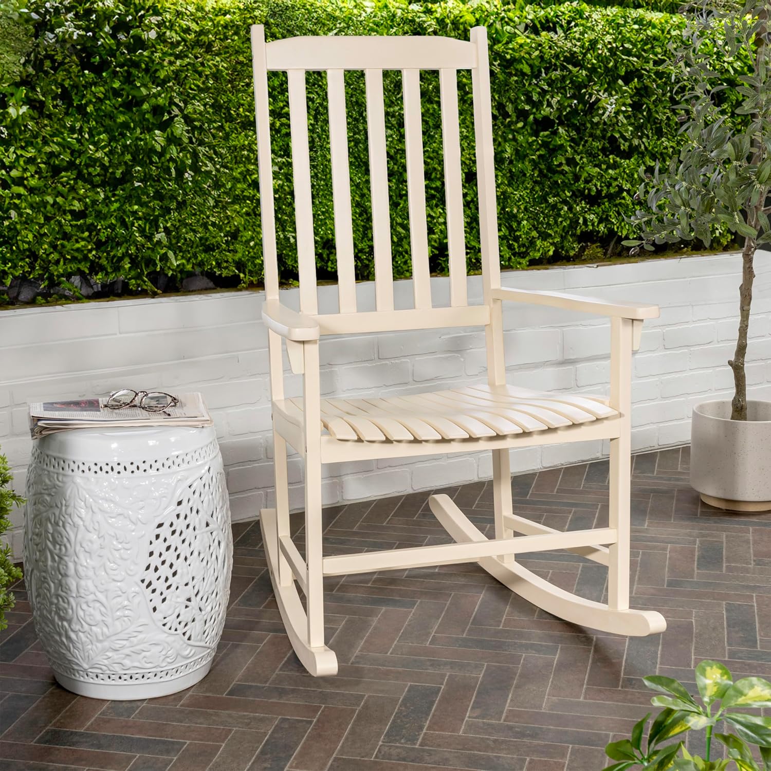JONATHAN Y Seagrove 44" Almond Solid Acacia Wood Outdoor Rocking Chair, Classic Slatted High Back Porch Rocker for Patio, Garden and Sunroom, 350 lbs Capacity RCK300D