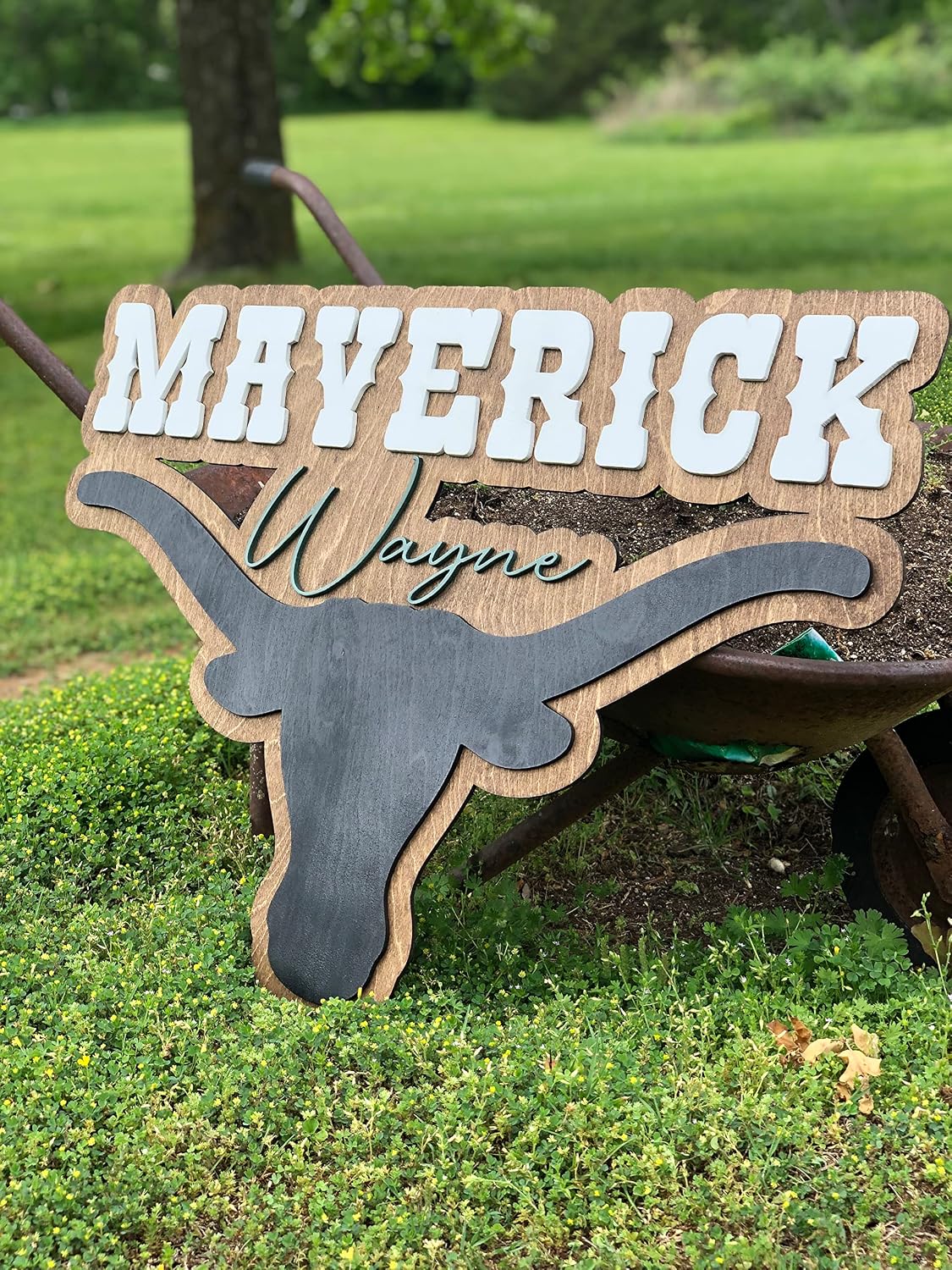 Name sign for boys room made from wood custom longhorn cow sign baby shower gift name sign country style rustic farmhouse name sign toddler (16inch)