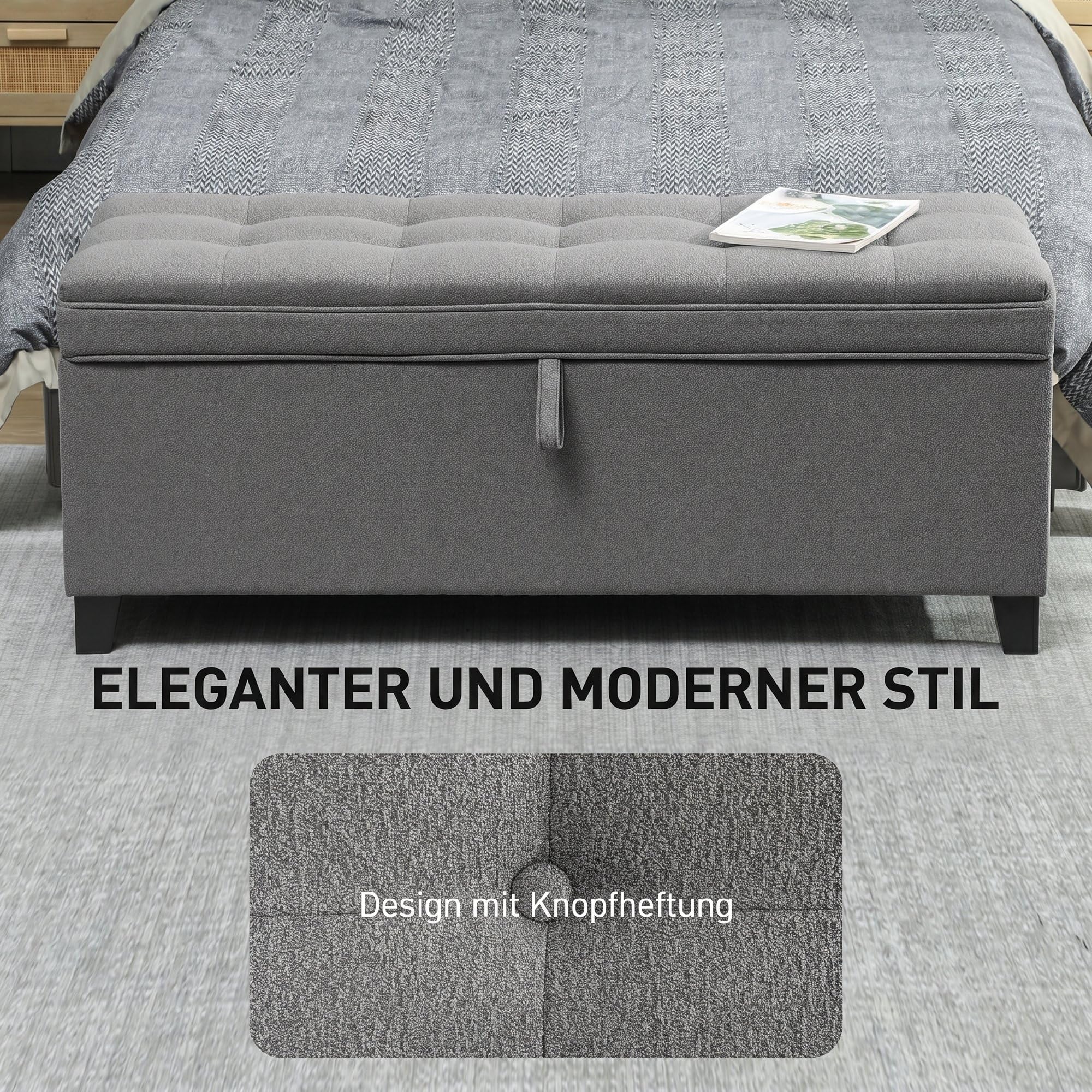HOMCOM Sitzbank mit Stauraum Polsterbank bis 120kg 120x40x48 cm Dunkelgrau | Bank, Sicherheits-Scharnieren, Leinenoptik, für Wohnzimmer Schlafzimmer Flur