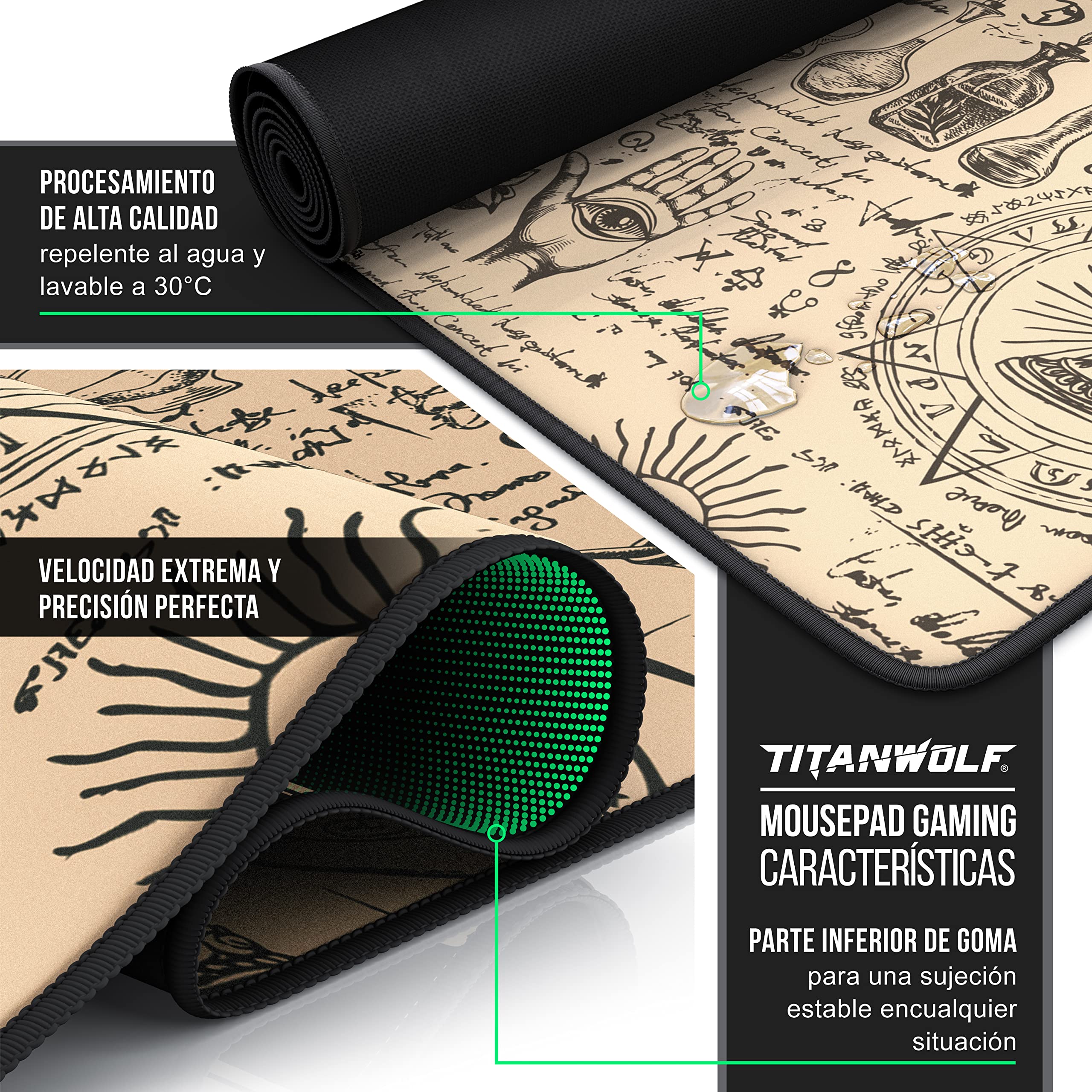 TITANWOLF – Alfombrilla Gaming XXL para ratón 900x400 Mouse Pad - Precisión y Velocidad - Parte Inferior de Goma para una sujeción Estable - Antideslizante, Resistente al Agua – Motivo Alchemy