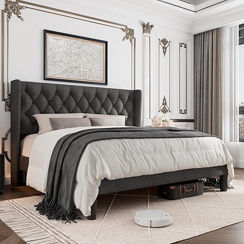 Miniatura 13 de Base de cama tamaño Queen con cabecera capitoné con botones, plataforma tapizada con almacenamiento debajo de la cama, soportes de listones de Gris