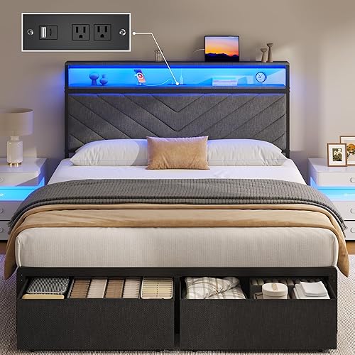 Full Bed Frame with 2 Drawers, Upholstered Headboard with Storage and Charging Station, LED Lights, Fabric Drawers with Wheels, Under Bed Storage, No Box Spring Needed, Easy Assembly, Grey