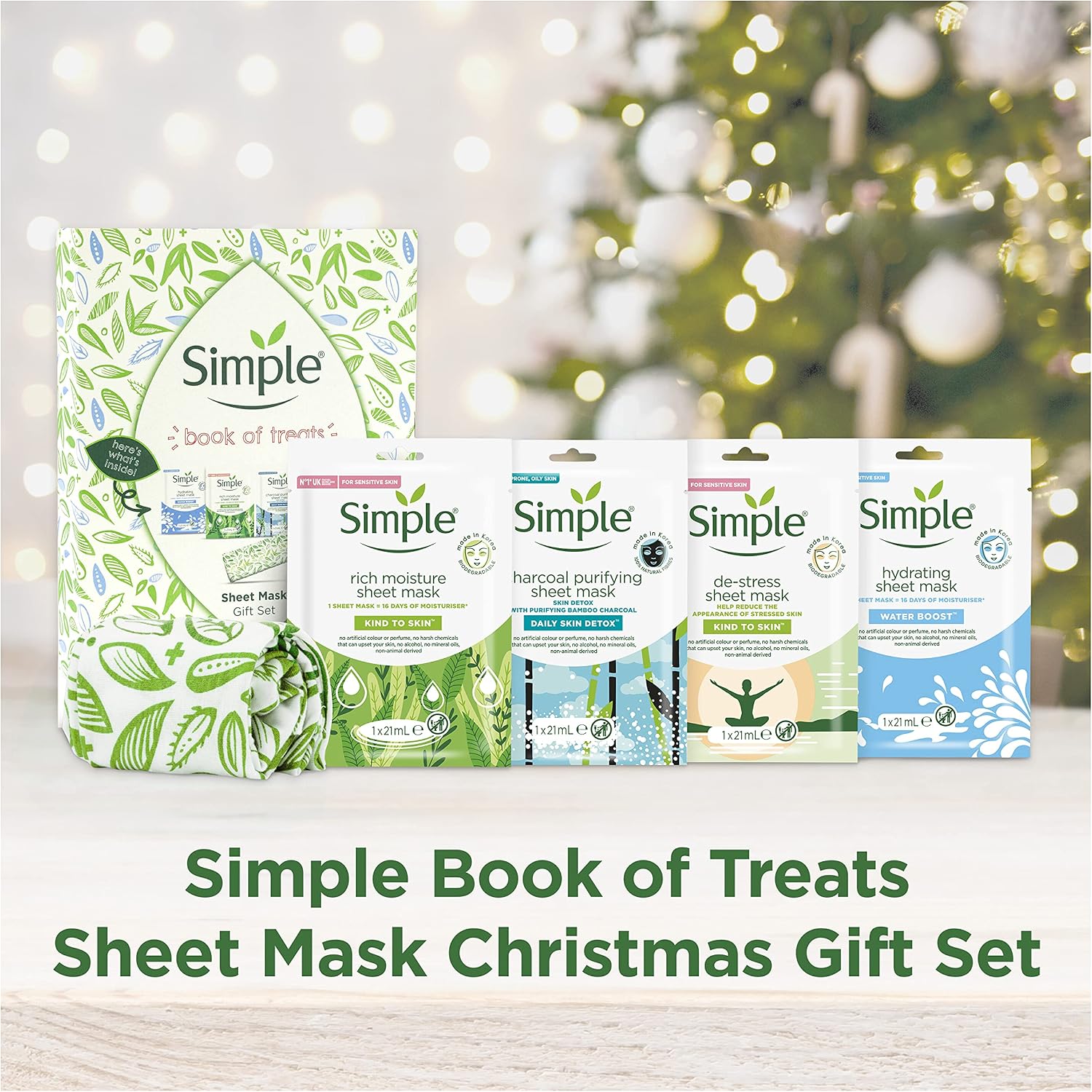Simple Book of Treats Four Sheet Masks for every skin condition with a stretch head band Gift Set Festive gifts for Women 4 piece - Image 3
