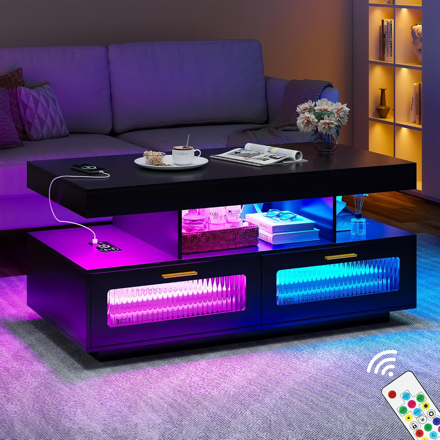 HNEBC LED Coffee Table with Wireless Charging Station for Living Room,Black