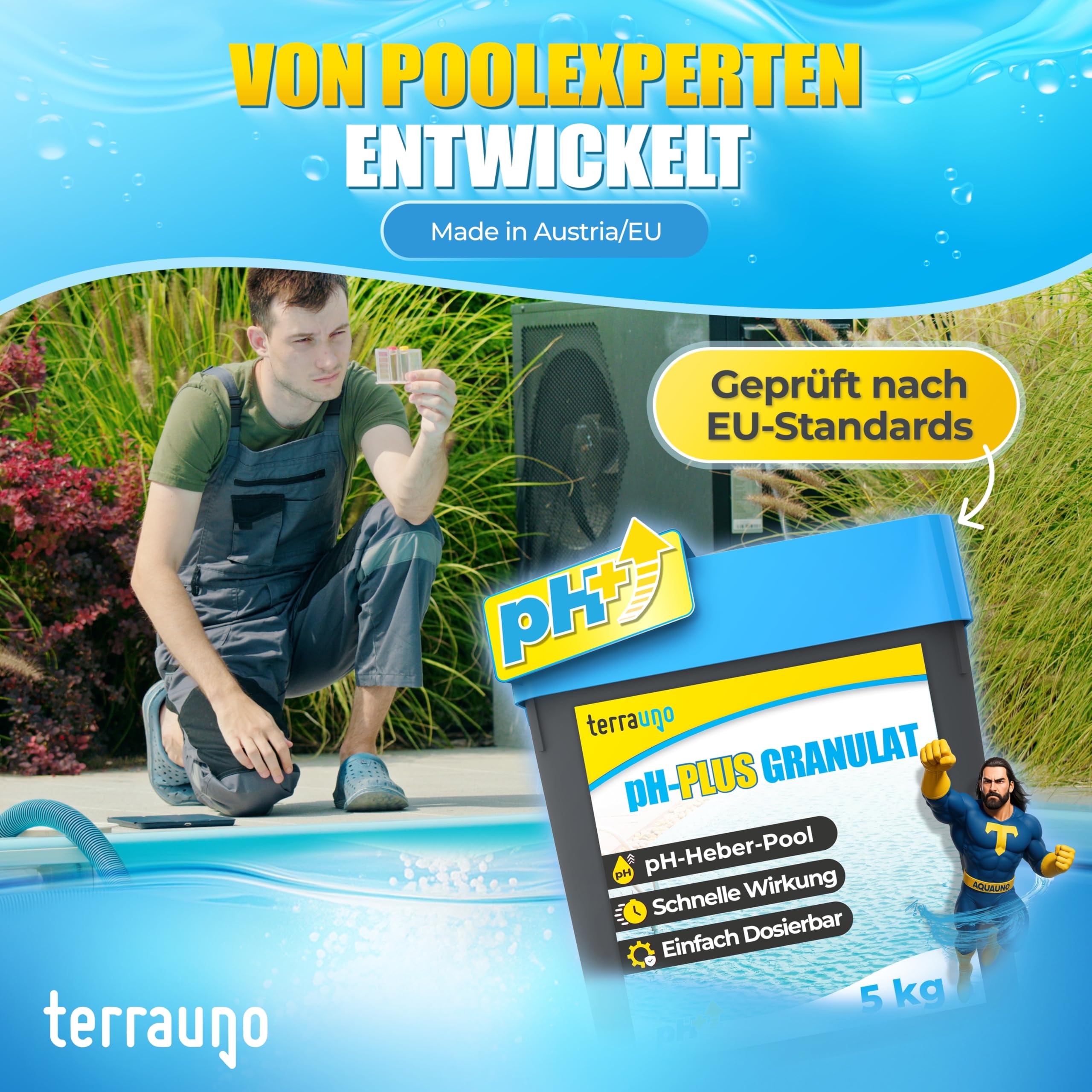 TerraUno pH Plus Granulat 5 kg pH Heber Pool schnelllöslich pH-Anhebung Wasserqualitätsverbesserung Poolpflege