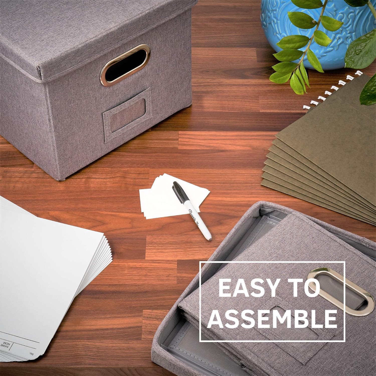 Decorative File Box Organizer Set of 2 - Collapsible Linen File Cabinet for Easy File Folder Storage - Store All Your Documents and File Folders in Style : Office Products