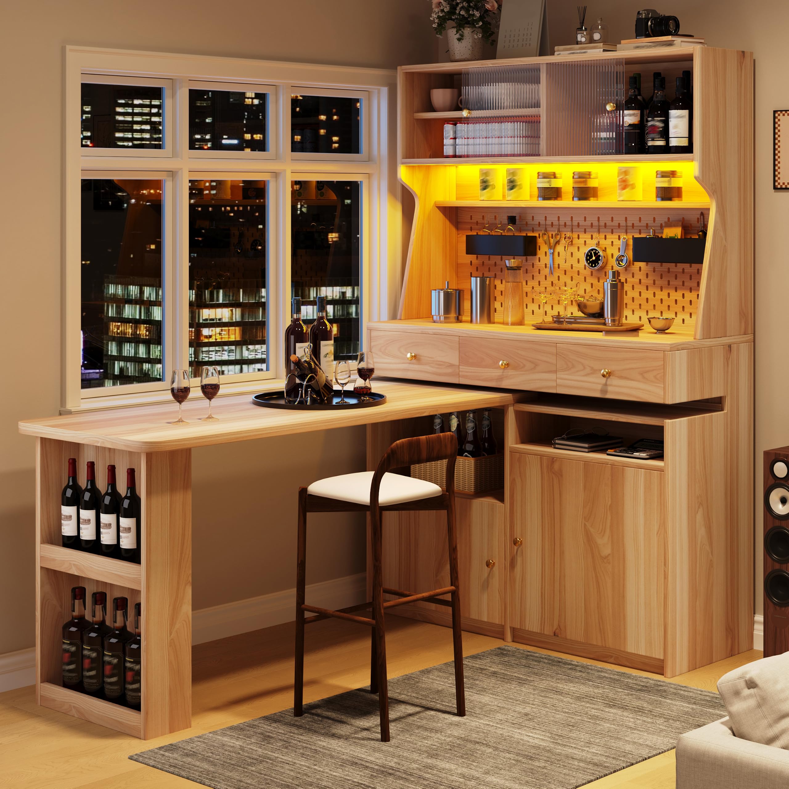 Kebnor Armadio alto con scrivania e tavolo da bar, armadio multifunzione con illuminazione a LED e controllo app, ante in vetro e ripiani regolabili, per soggiorno, sala da pranzo (marrone naturale D)