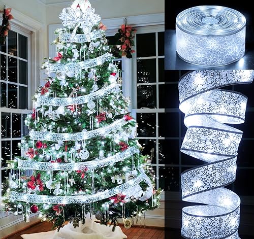 Miniatura 2 de ilauke Guirnalda de luces de Navidad de 65.5 pies, cinta de luces de Navidad plateadas, lazos de cinta de luces para decoración de árbol de Navidad,