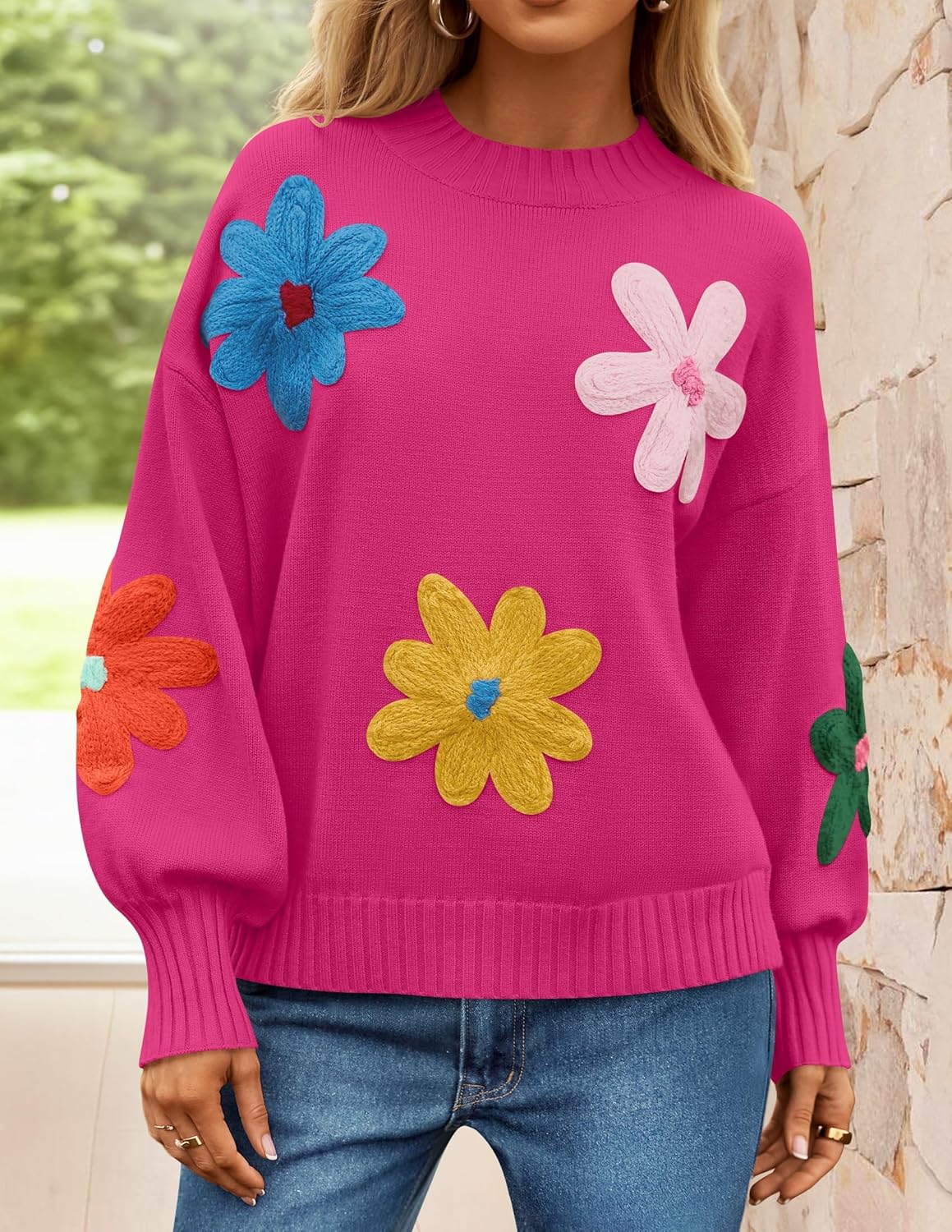 ZESICA Women's Long Puff Sleeve Sweaters Casual Crewneck Ribbed Knit Flower Color Block Loose Pullover Tops - Image 2