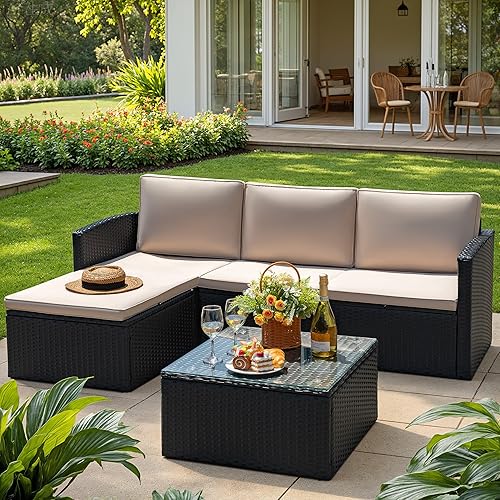 Miniatura 2 de Devoko juego de muebles de patio, 4 piezas de conversación al aire libre, juego de sofá seccional para patio, de mimbre de ratán de polietileno,