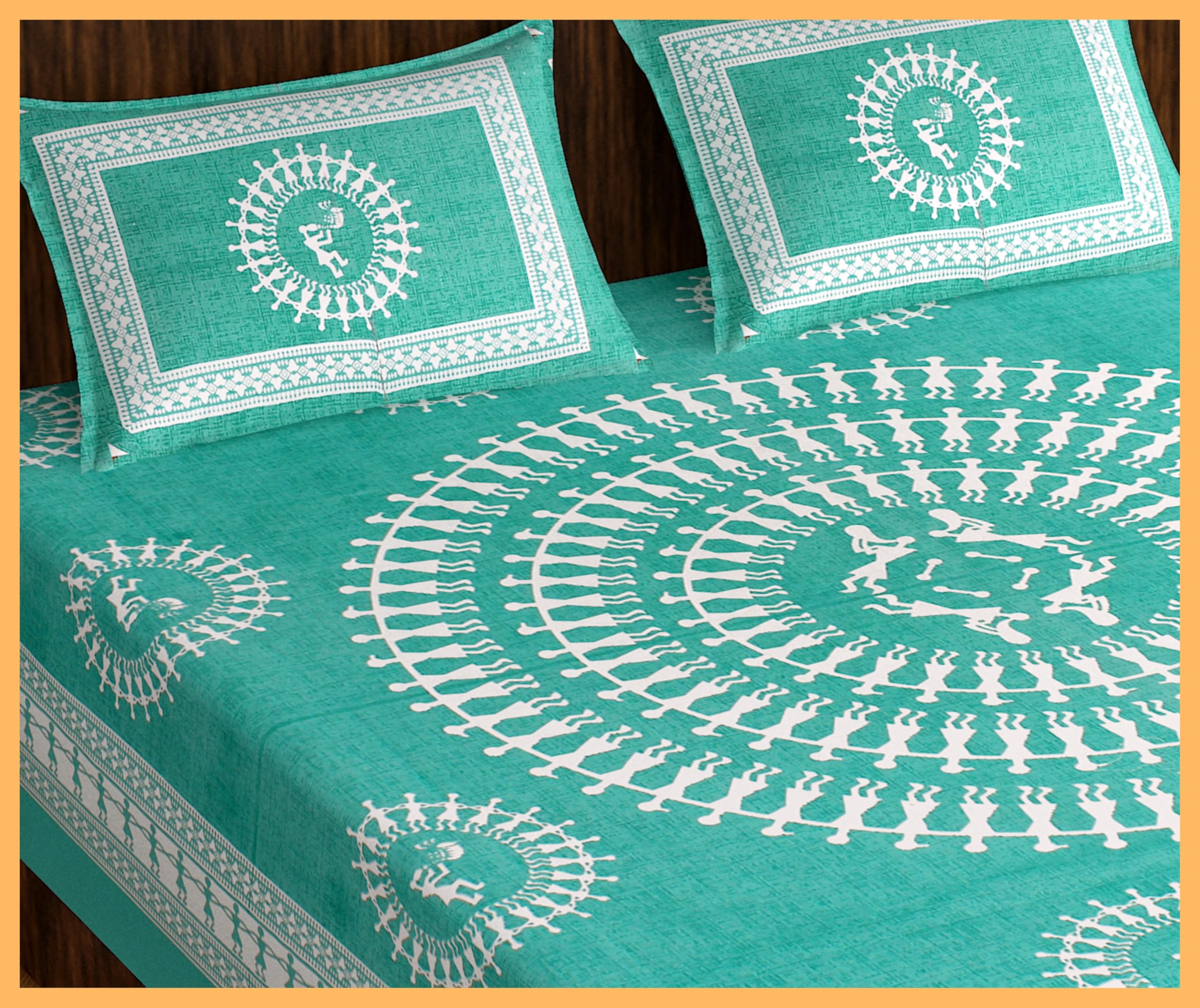 Traditional Warli Art Cotton Bedsheet Set with Pillow Covers, Turquoise, Tribal Folk Print-image-46