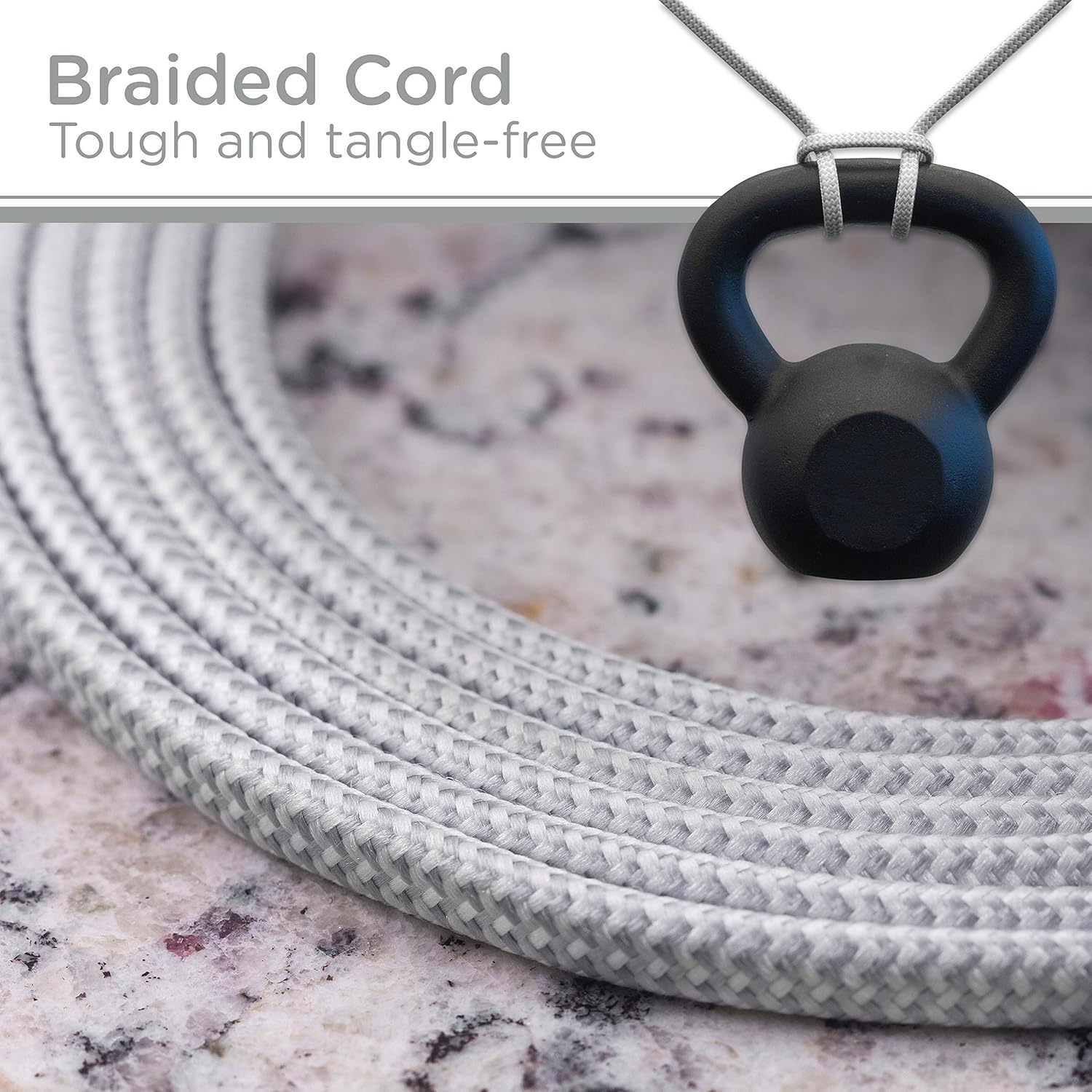 Top Brands Cordinate Designer 3-Outlet Extension Cord, 8 Ft Braided Cable, 2-Prong Power Strip, Slide-to-Lock Safety, Low-Profile Flat Plug, Polarized, ETL Listed, White/Gray, 39980