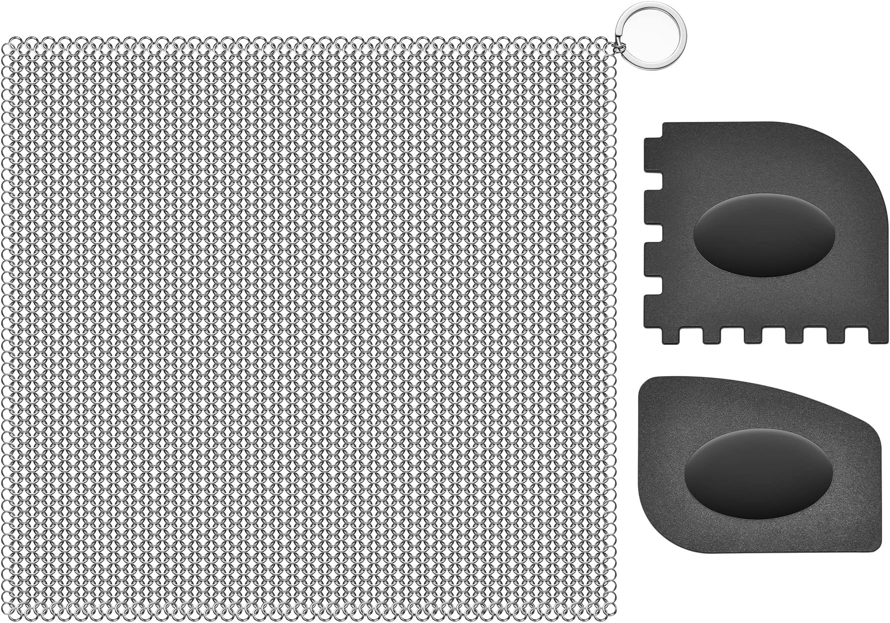 SUBEKYU Anti-Scratch Cast Iron Scrubber with Pan and Grill Scrapers, 316 Stainless Steel Chain Mail Scrubber Cast Iron Cleaner, Metal Cleaning Kit Tools Include Chainmail Scrubber, 6"x6"