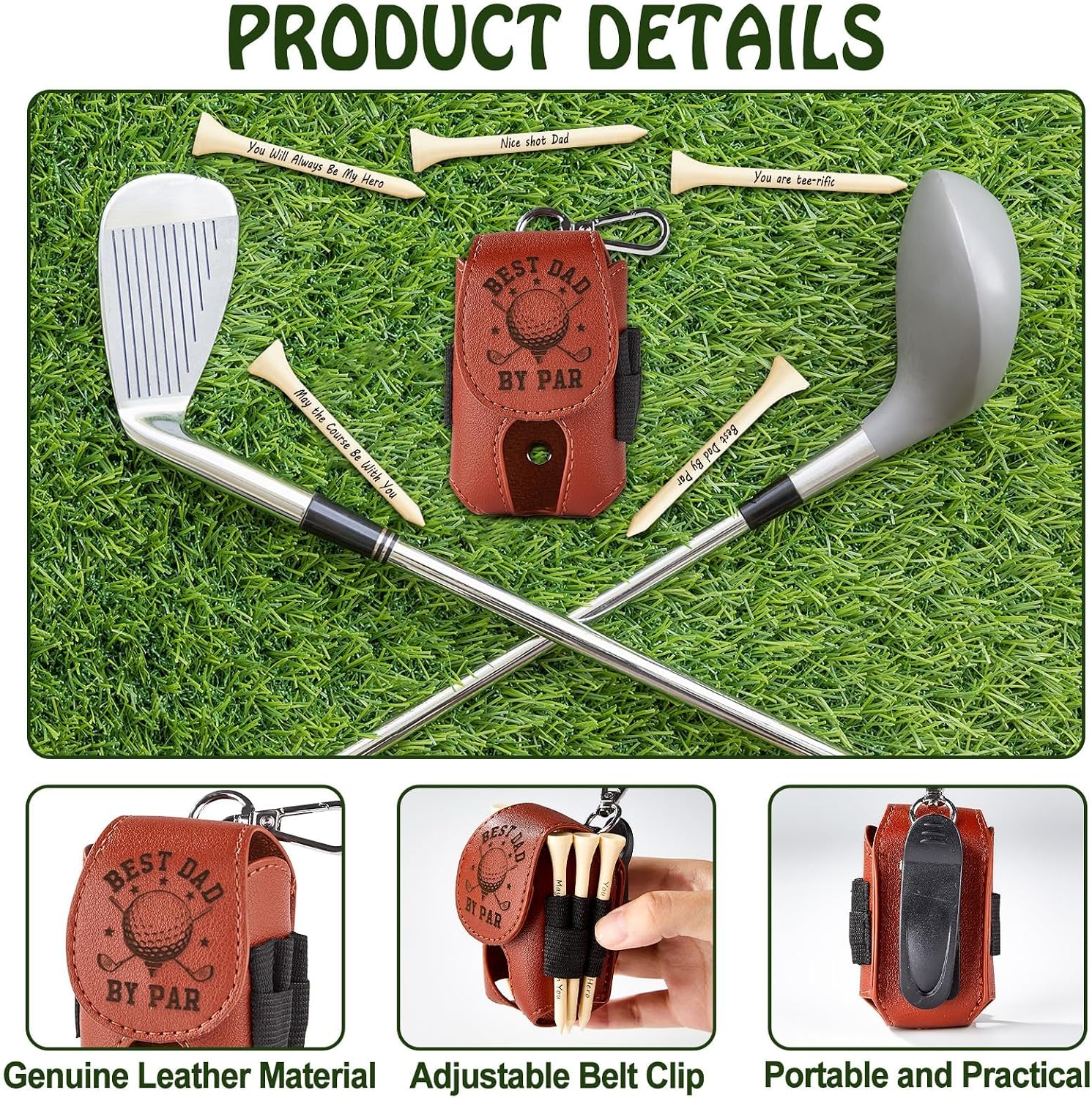 Naozinebi Father‘ s Day Gifts Golf Bag Tee Holder with 5 Tees Set Best Dad by Par 3-1/4 inch Wooden Golf Tees Bulk for Funny Dad Grandpa Uncle Birthday Present from Daughter Son