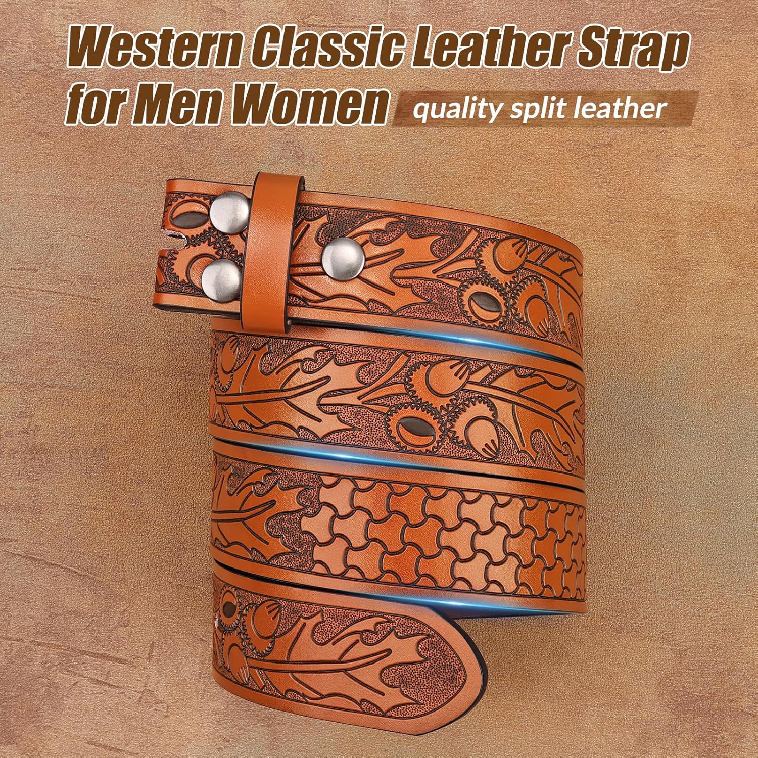 Western Cowboy Belt for Men Women, Country Longhorn-Bull Horse Buckle Embossed Leather Belt for Jeans Gift - Image 3