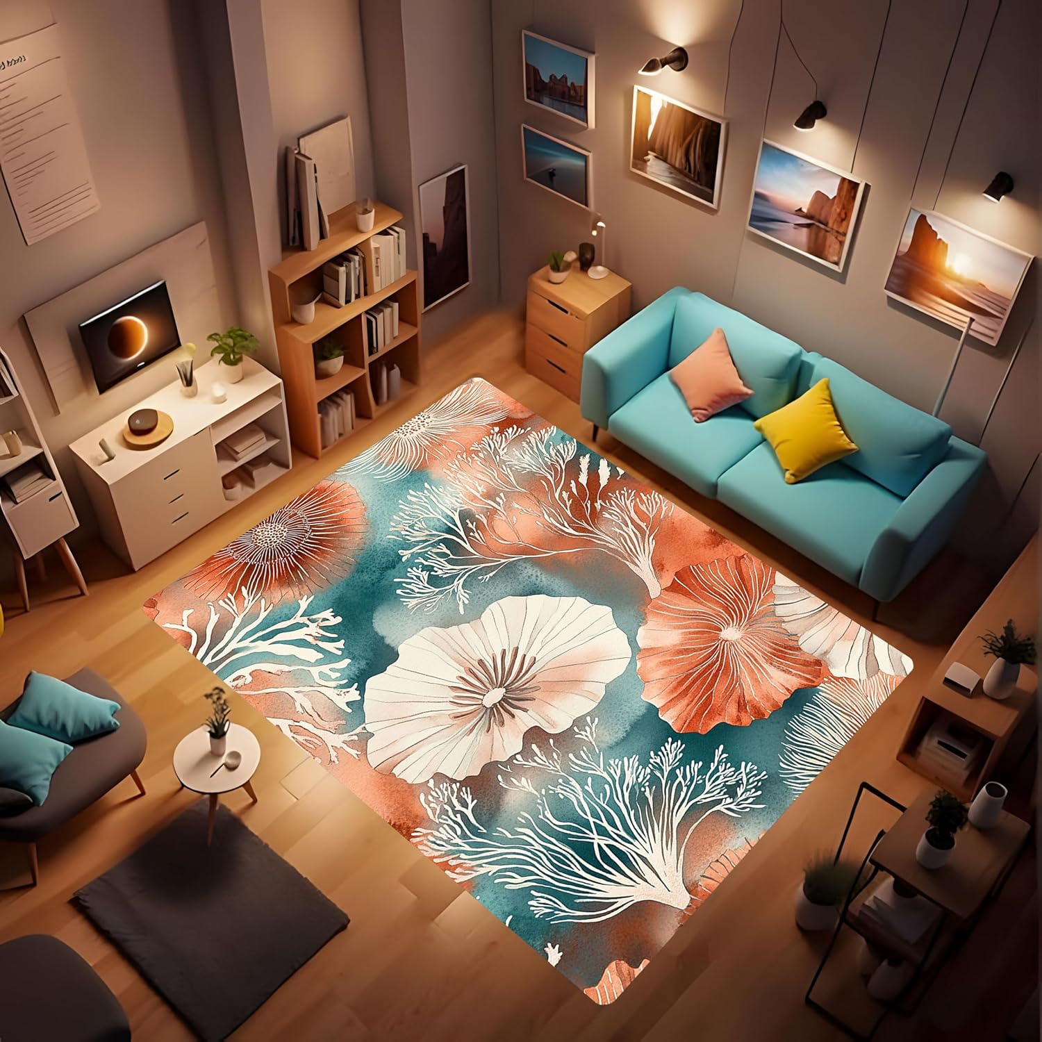Coral Living Room Carpet - Coral Indoor and Outdoor Non-Slip Carpet, Soft Coral Sea Anemone Watercolor Print Art Carpet for Living Room Bedroom Bathroom, Orange Pink, Turquoise 63x94inch
