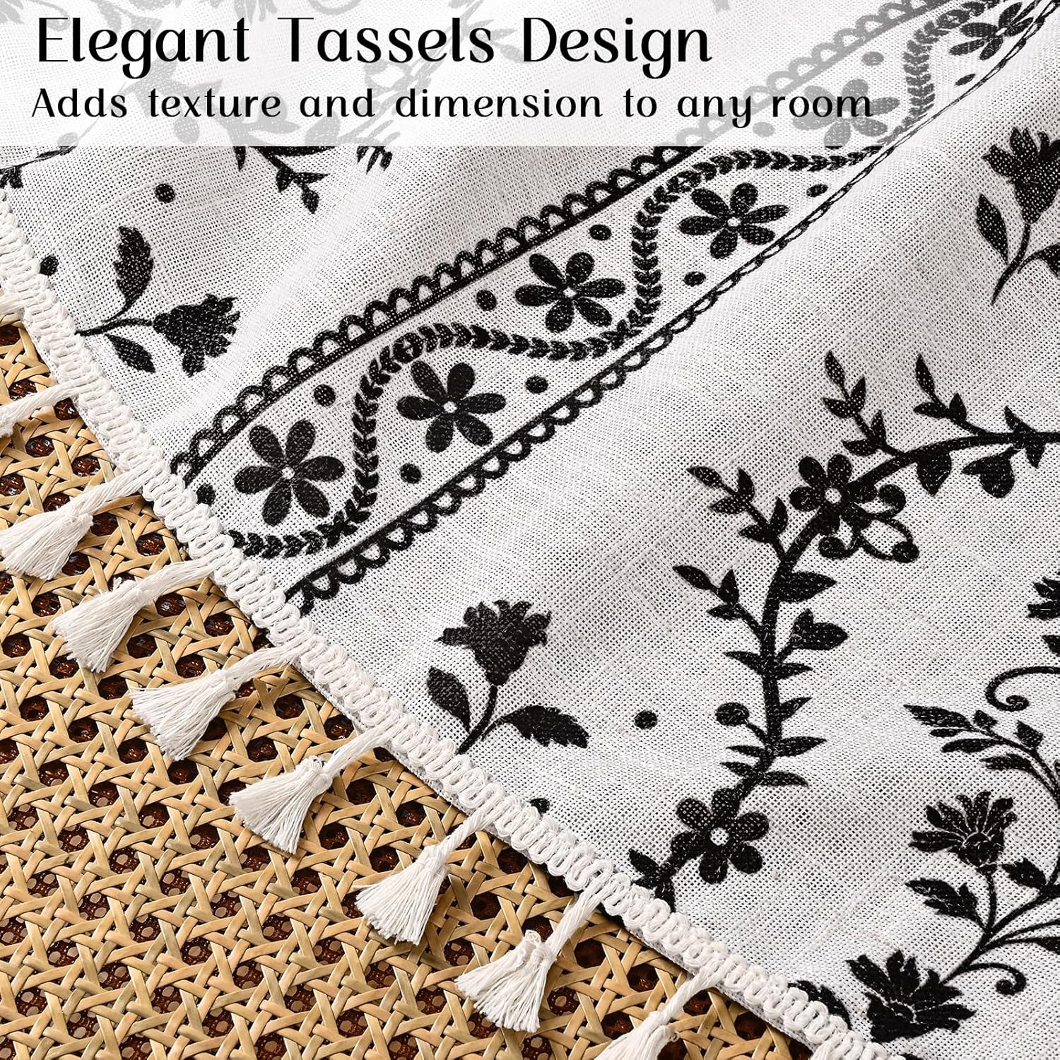 Yinhua Boho Kitchen Curtains 36 Inch Length Vintage Linen Cafe Curtains Light Filtering Bohemian Floral Tier Rod Pocket Farmhouse Rustic Tassel Small Drapes with Tiebacks, 2 Panels, White Black