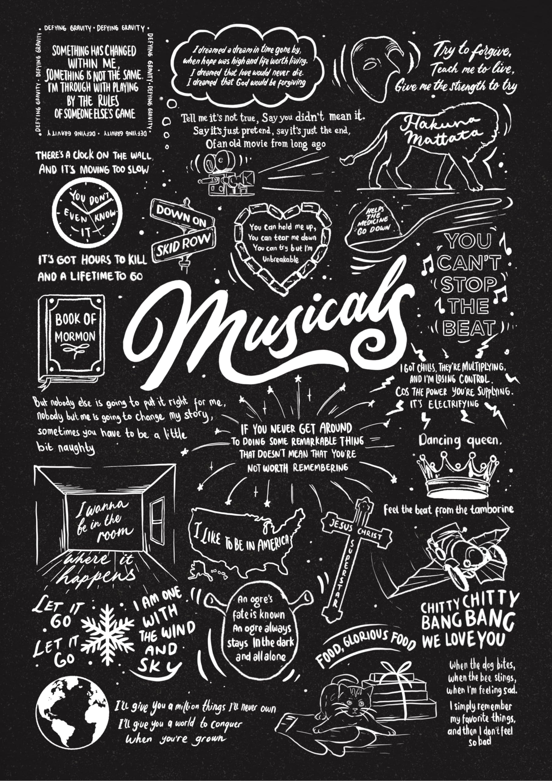 Hewson's Gifts A3 Unframed (Black Background) Musical Theatre Doodle Lyric Poster - Print Gifts For Musicals Lover Fan - Music Artwork Present (A3 Unframed, Black Background)