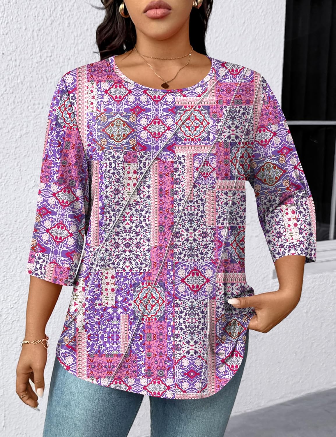 LOMON Womens Plus Size Tops 3/4 Length Sleeve Womens Tops Pleated Crewneck Fall Shirts Summer Blouses 2026 (1X-5X) - Image 3