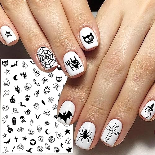Miniatura 7 de COKTAK 6 hojas de calcomanías de arte de uñas estilo Halloween para mujer, divertidas calcomanías autoadhesivas de calavera Skettlon fantasma,