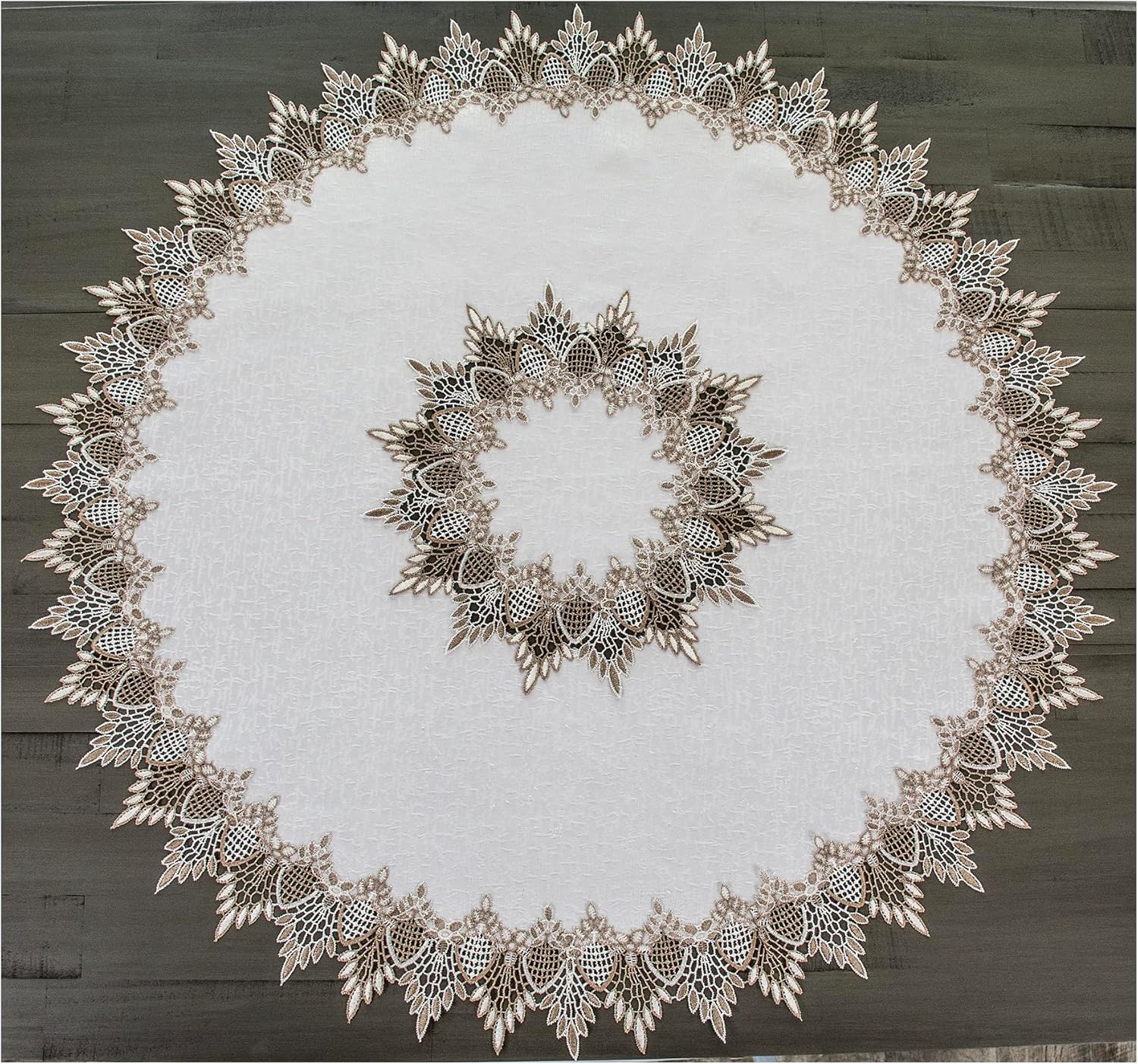 LINENS ART AND THINGS Lace Table Topper Neutral Earth Tones White Jacquard Large Doily Round (33 Inch Round)